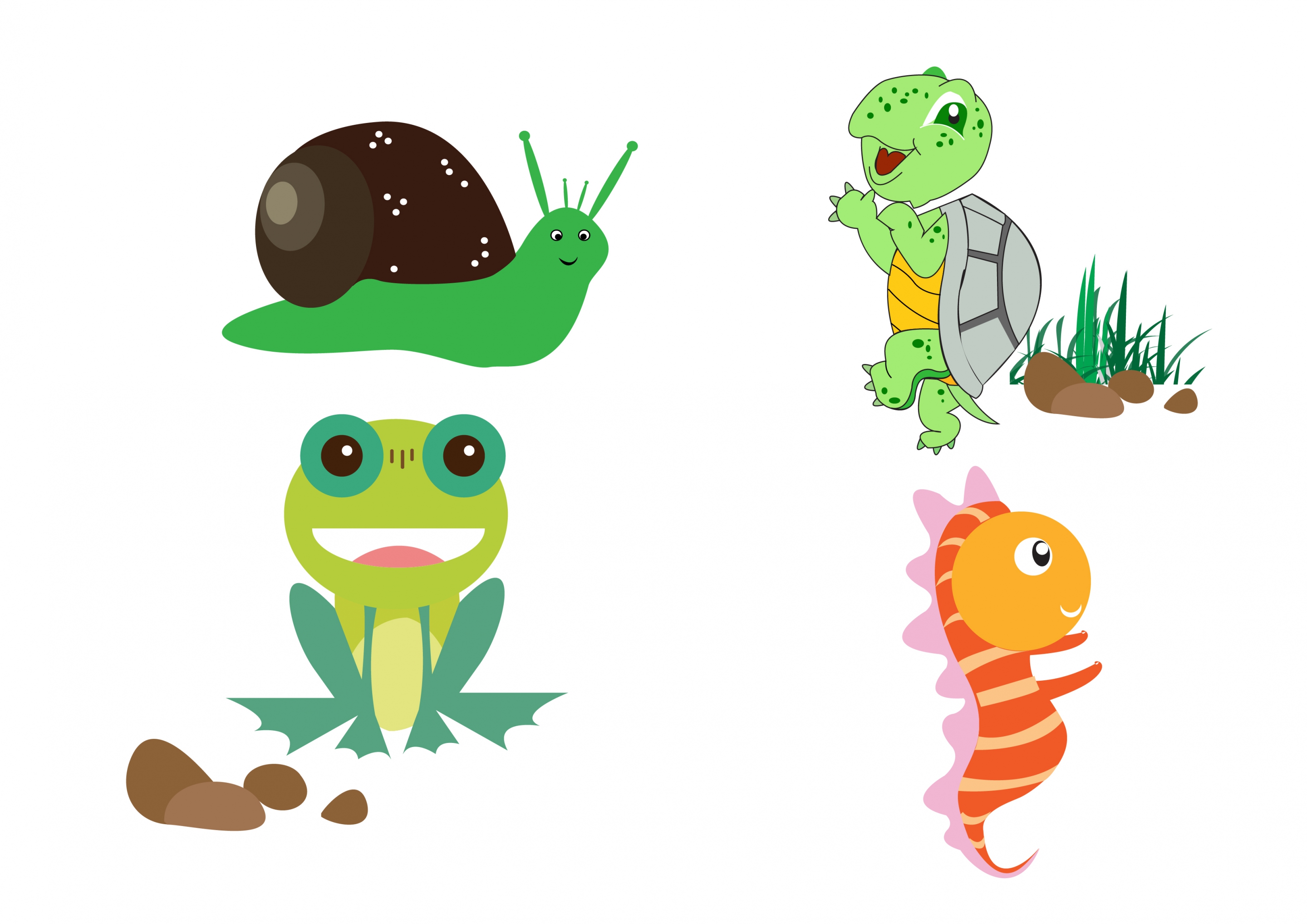 snail turtle frog seahorse icons cute cartoon design