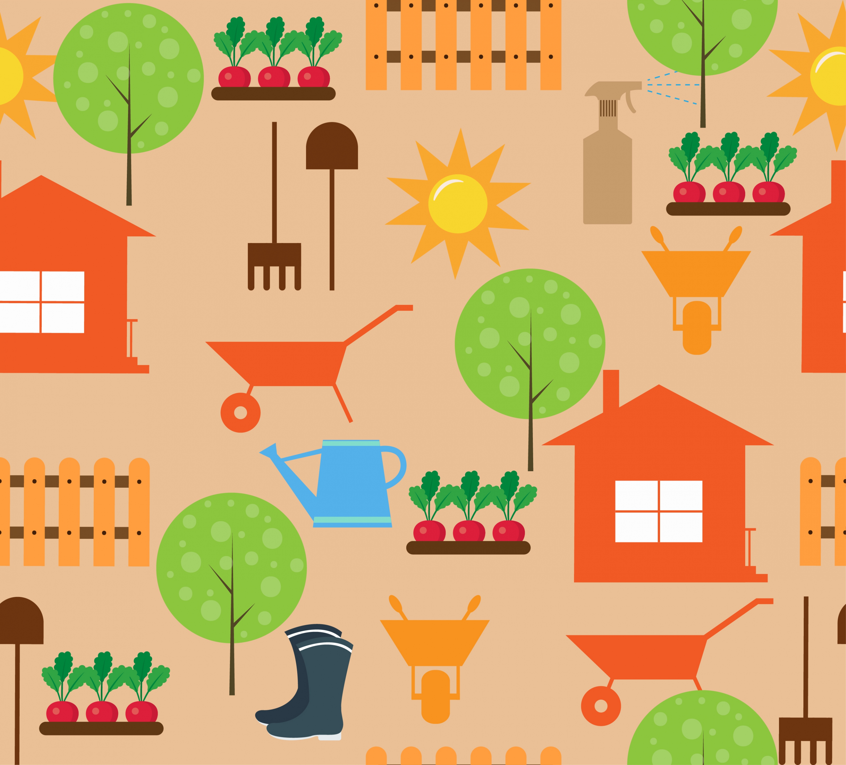 gardening icons design elements colored flat repeating style