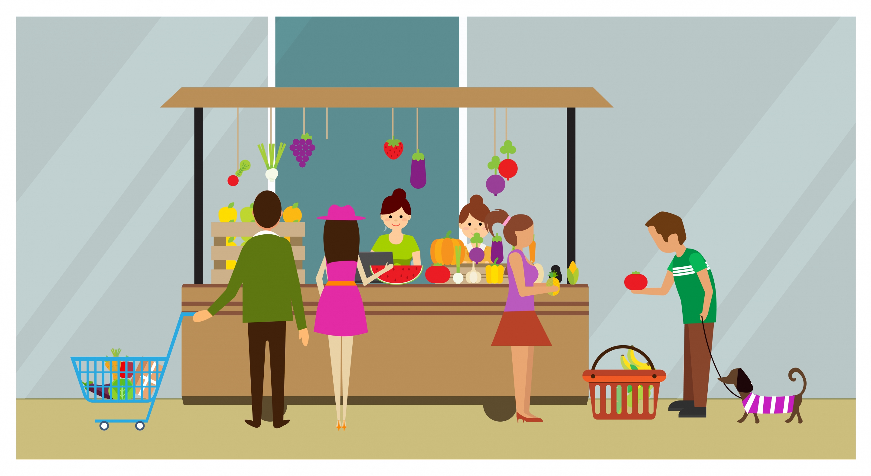 shopping theme design customers at fruit store style