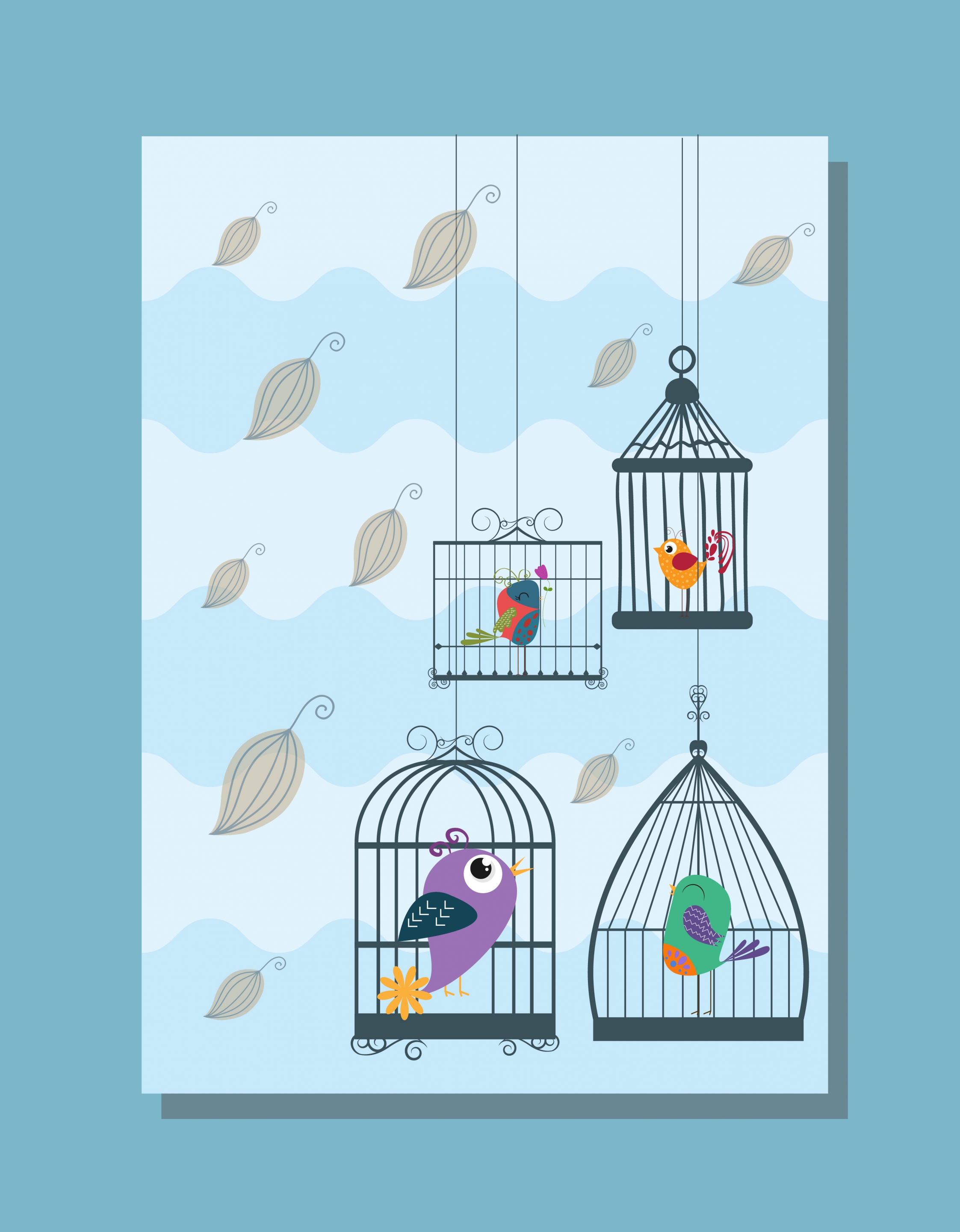 hanging birds cages background colored design style