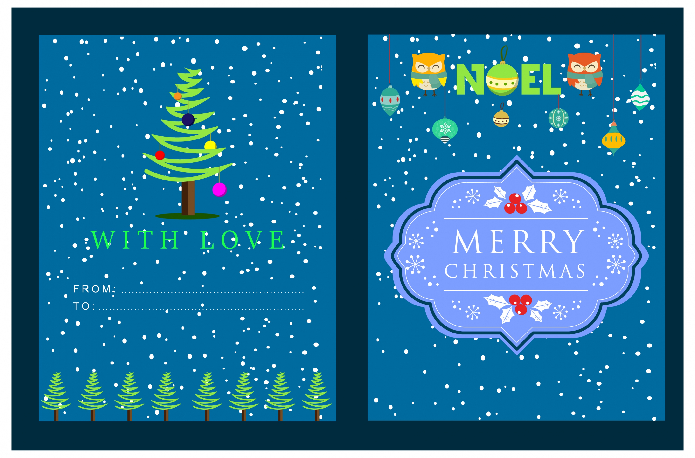 christmas card snow and emblems in blue background