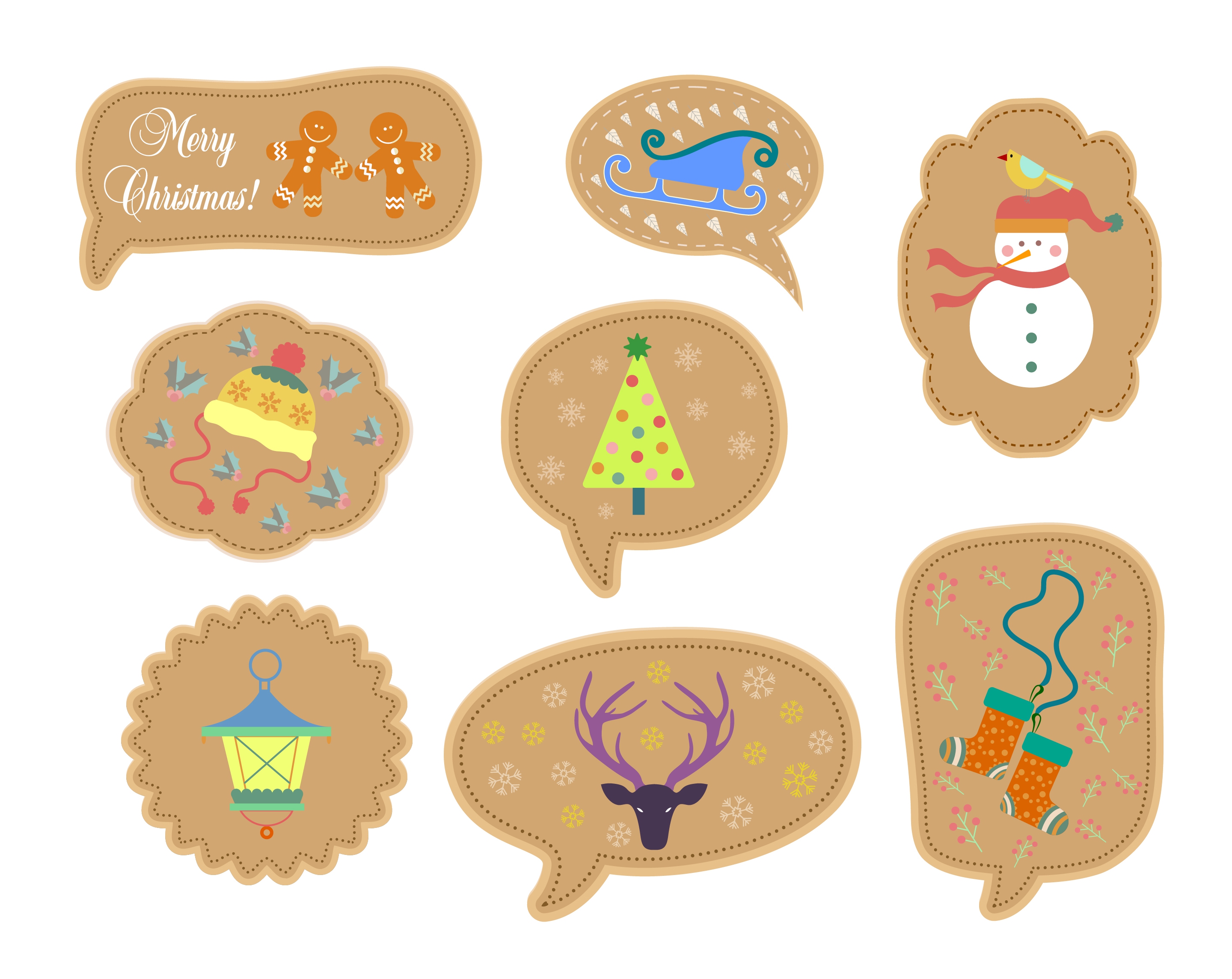 christmas labels collection various symbols shapes in brown