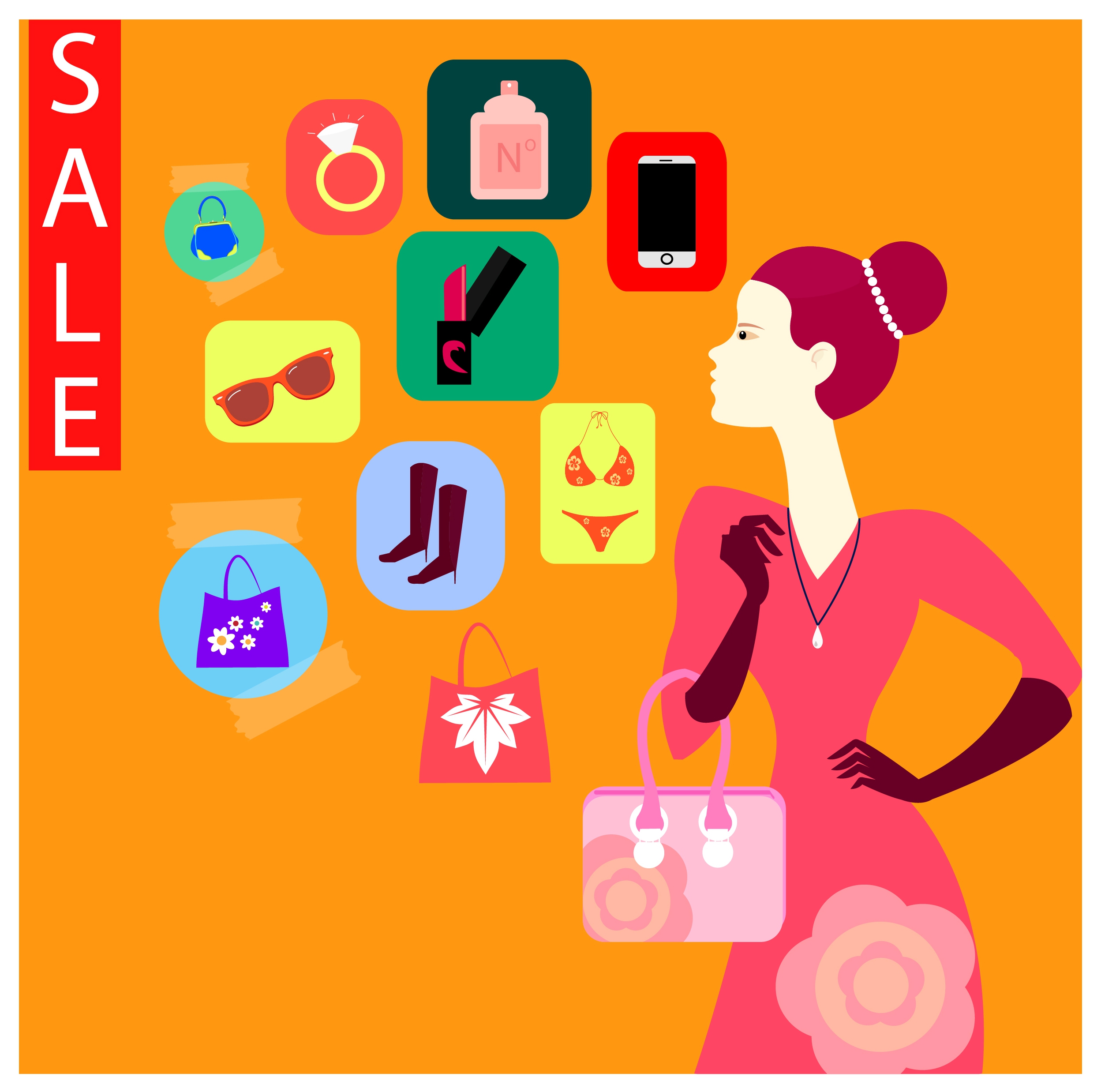 sale banner with shopping icons and woman illustration