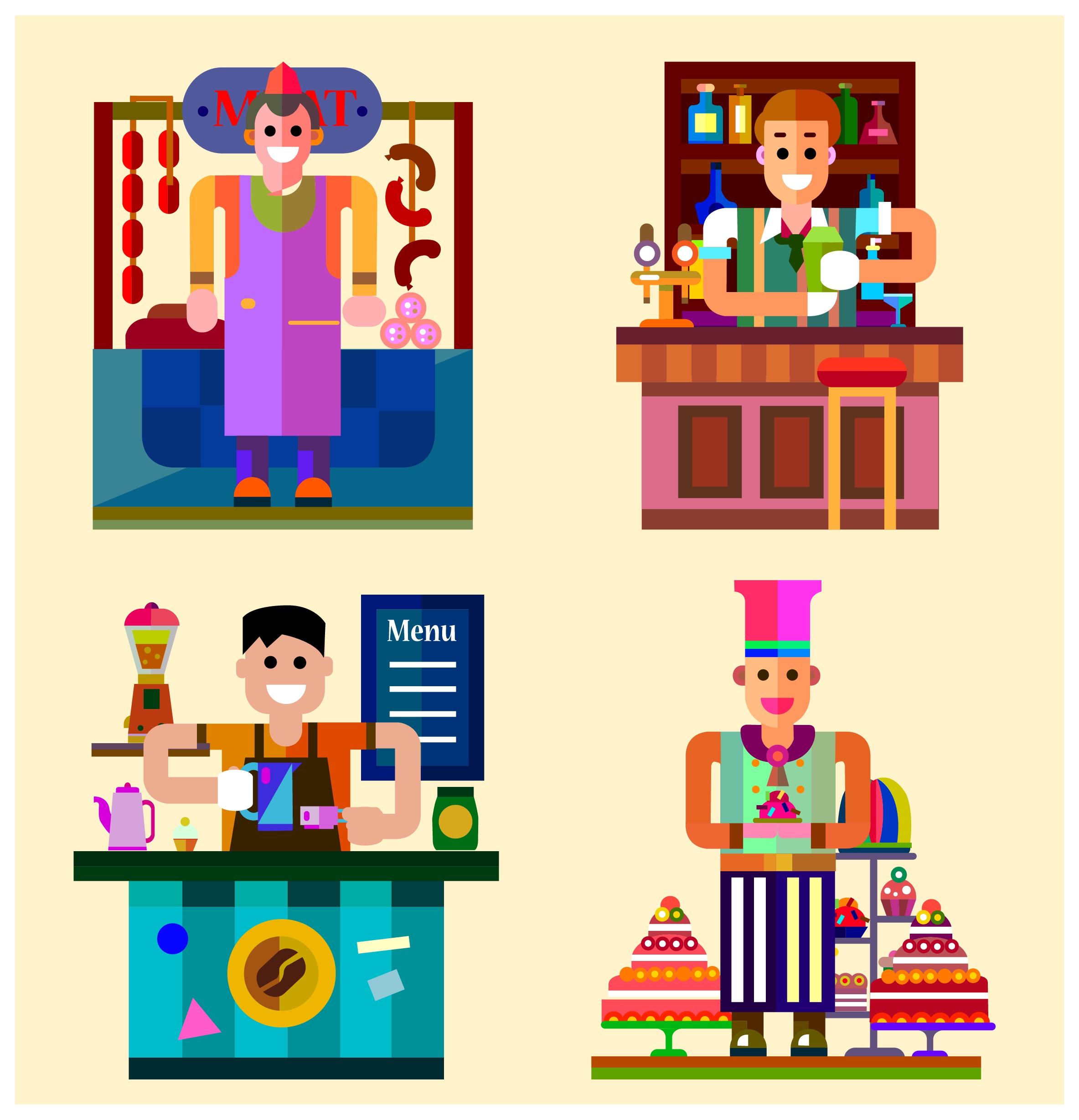 restaurants occupation concept illustration with cook and bartender