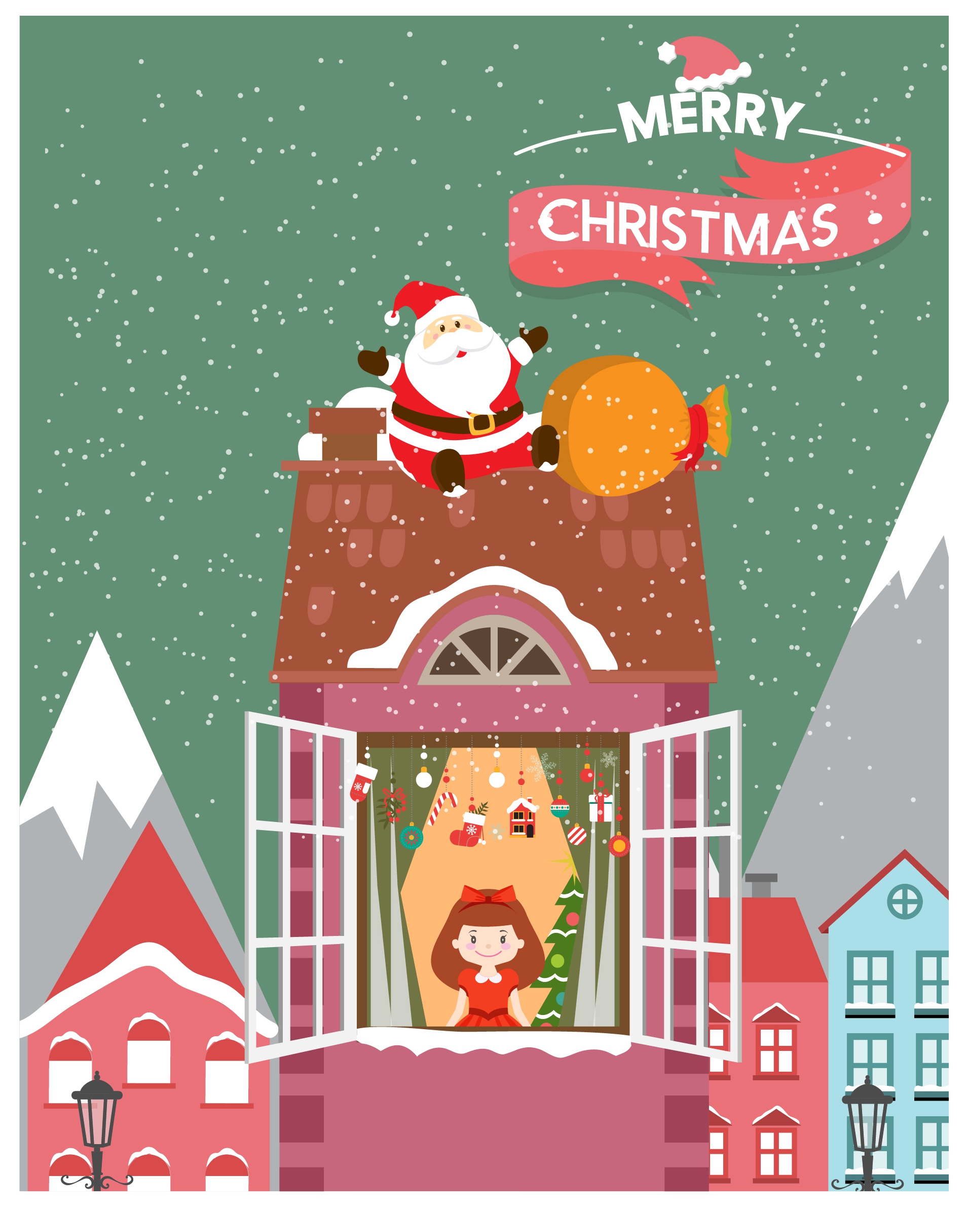 christmas card cover with santa claus delivering gifts