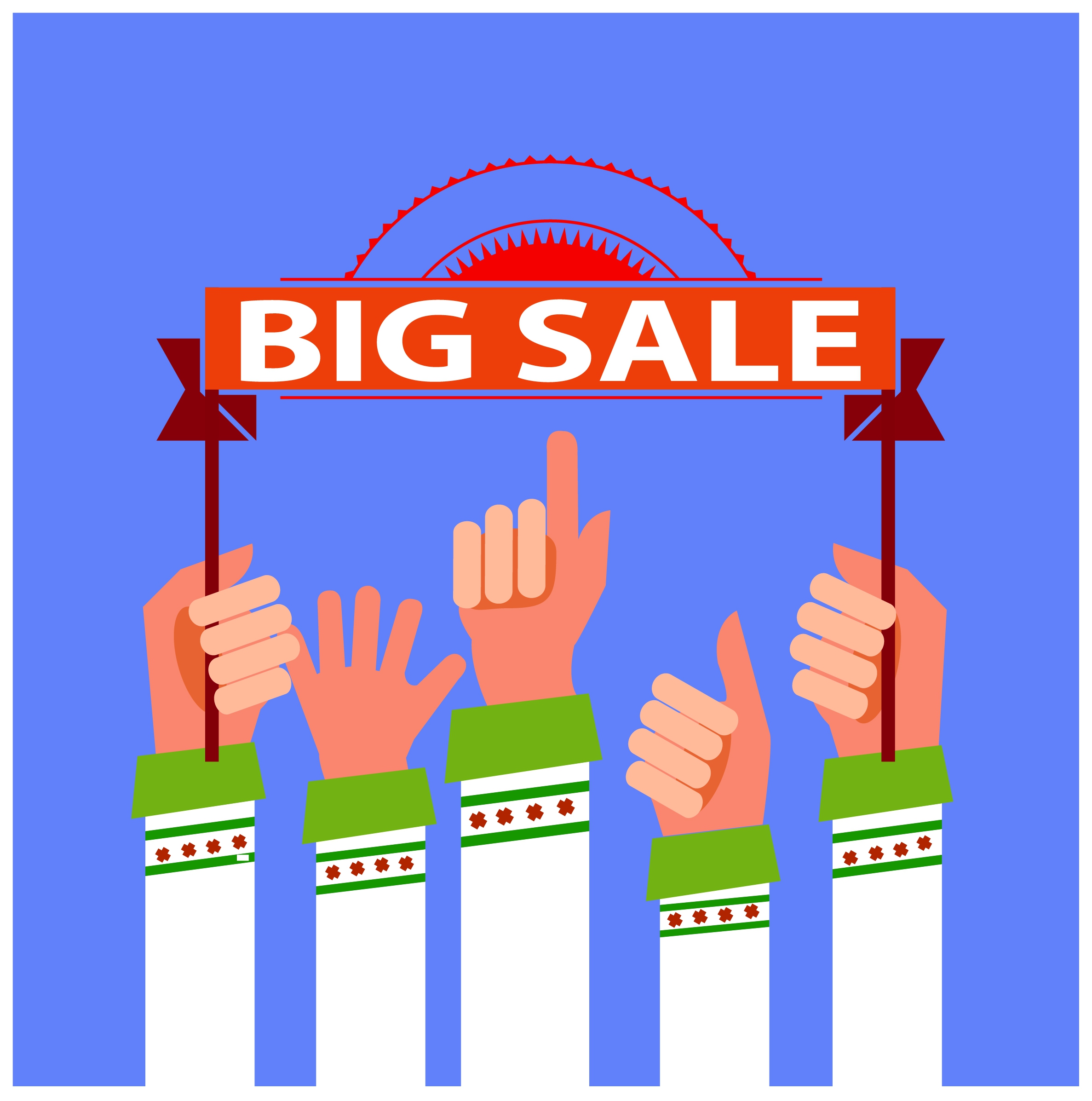 big sale banner design with hands raising ribbon