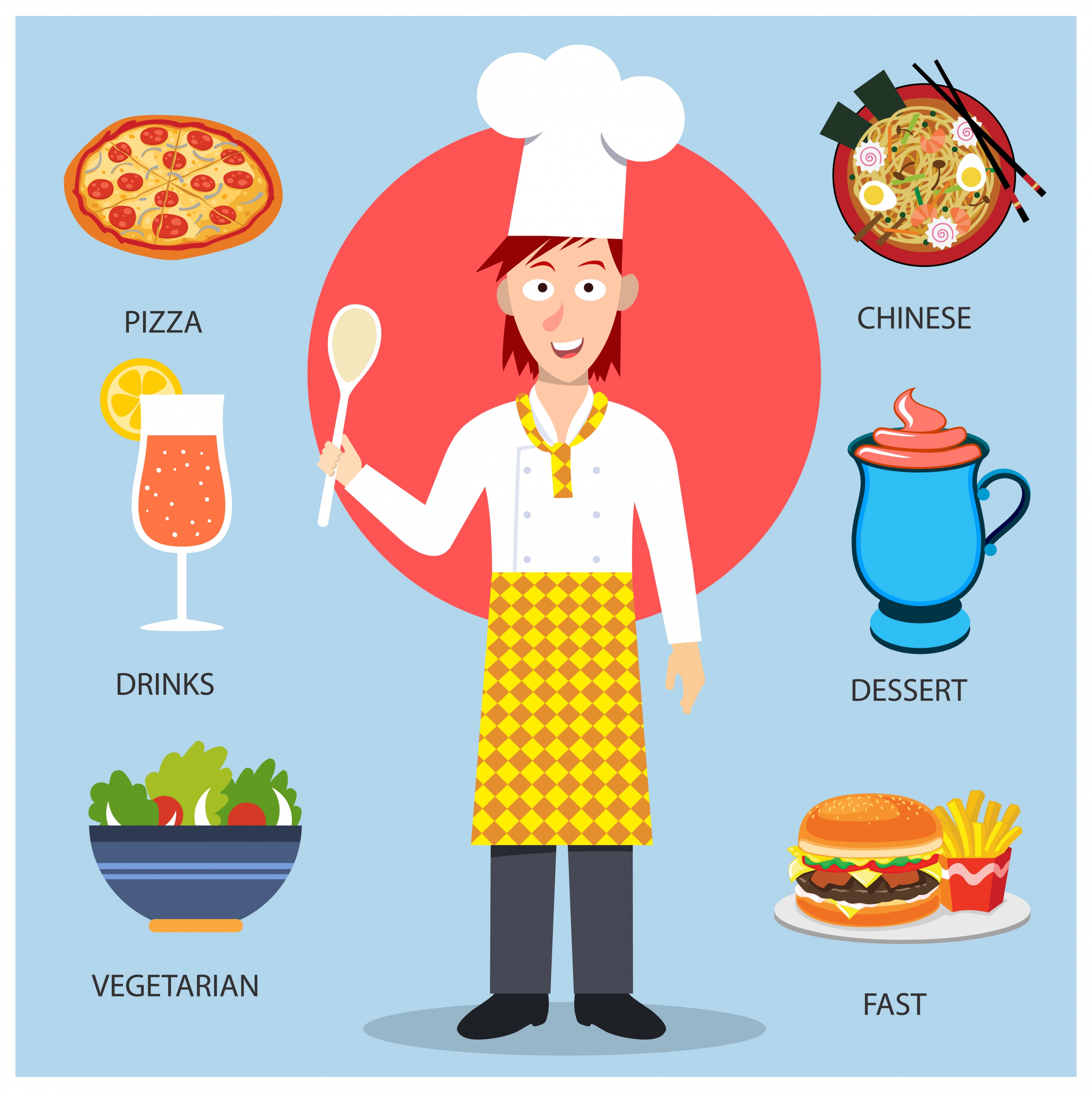 restaurant symbols illustration with cuisines and cook