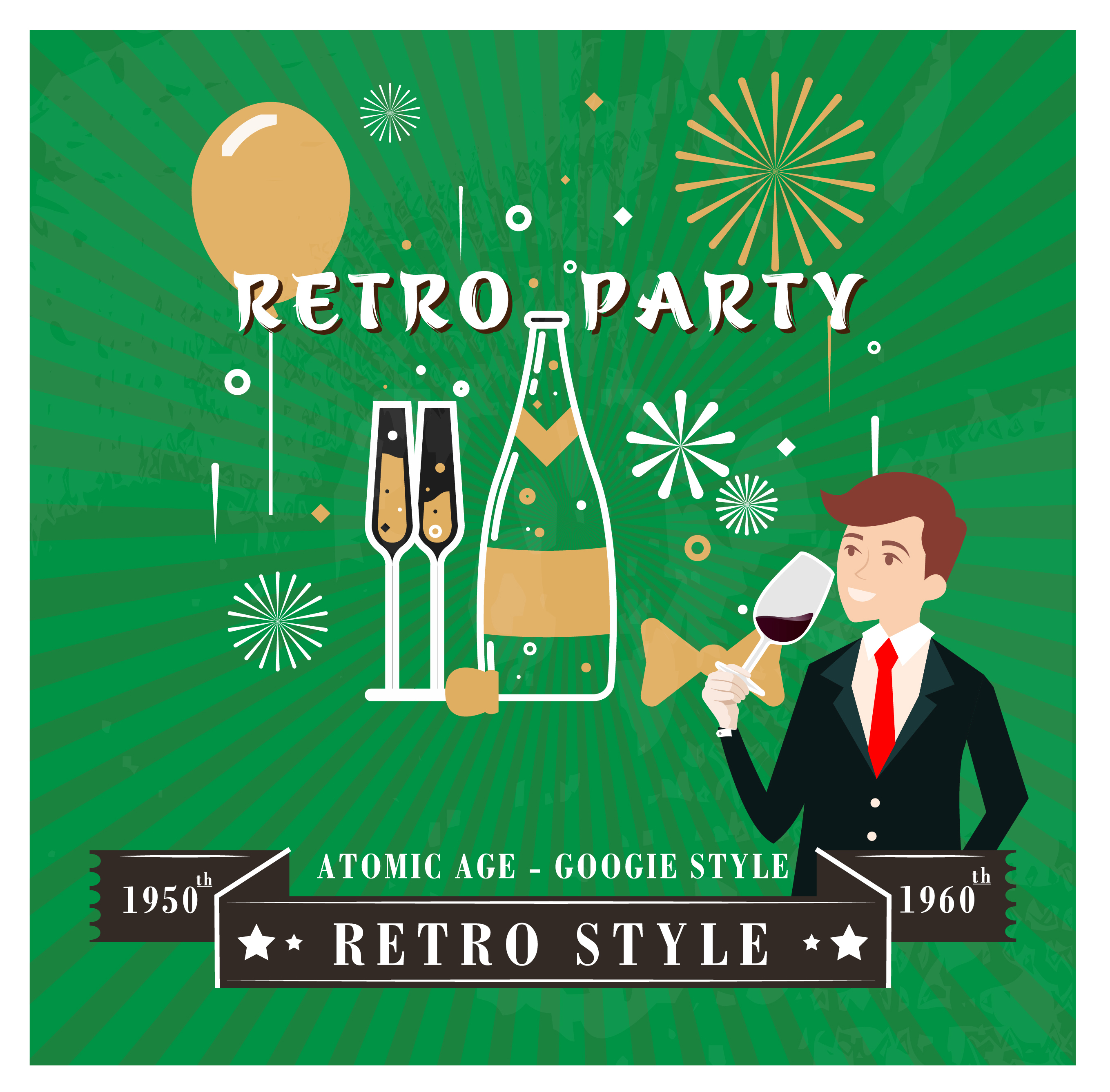 retro party poster design on bright fireworks background