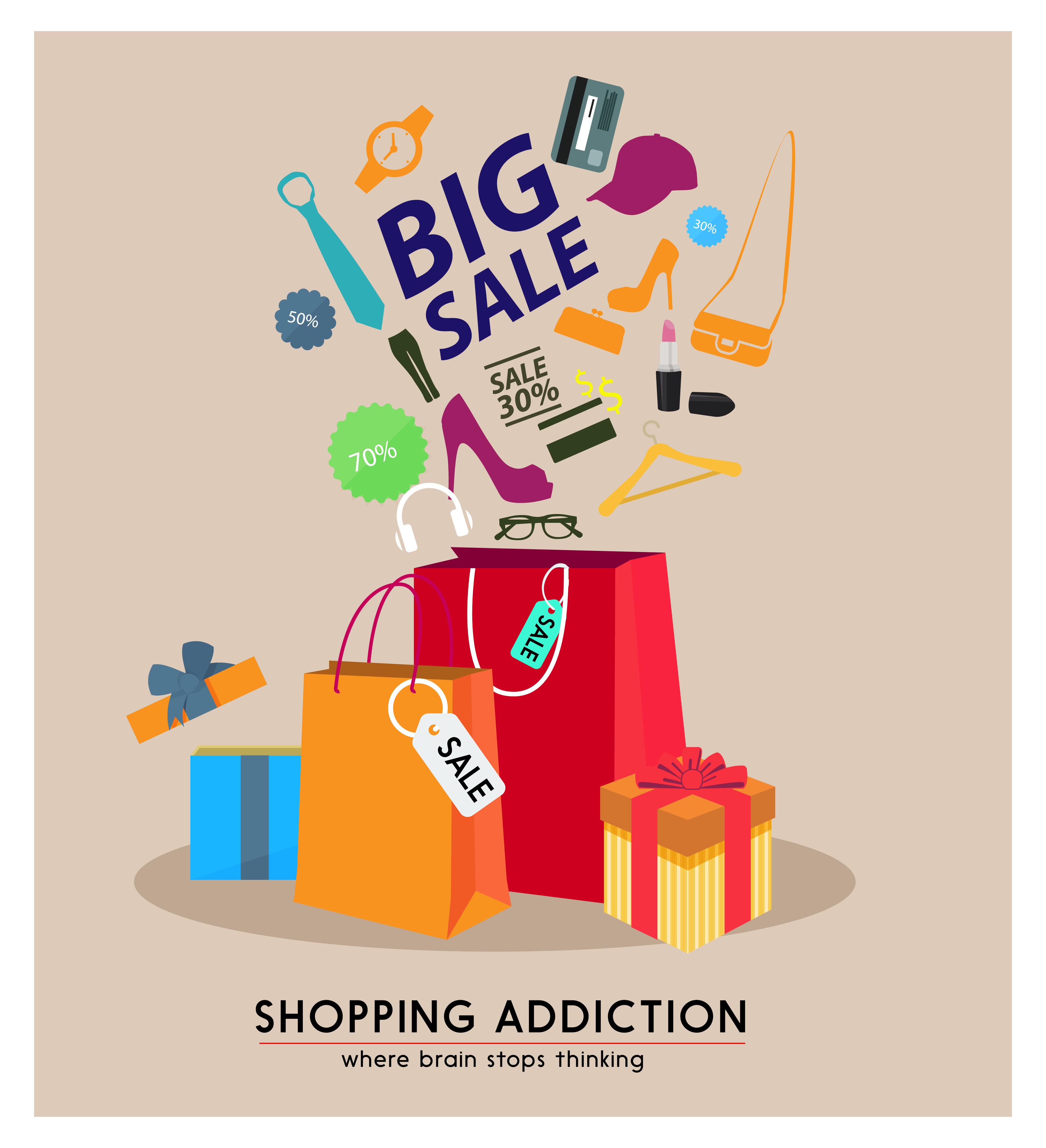 big sale poster design with bags and goods