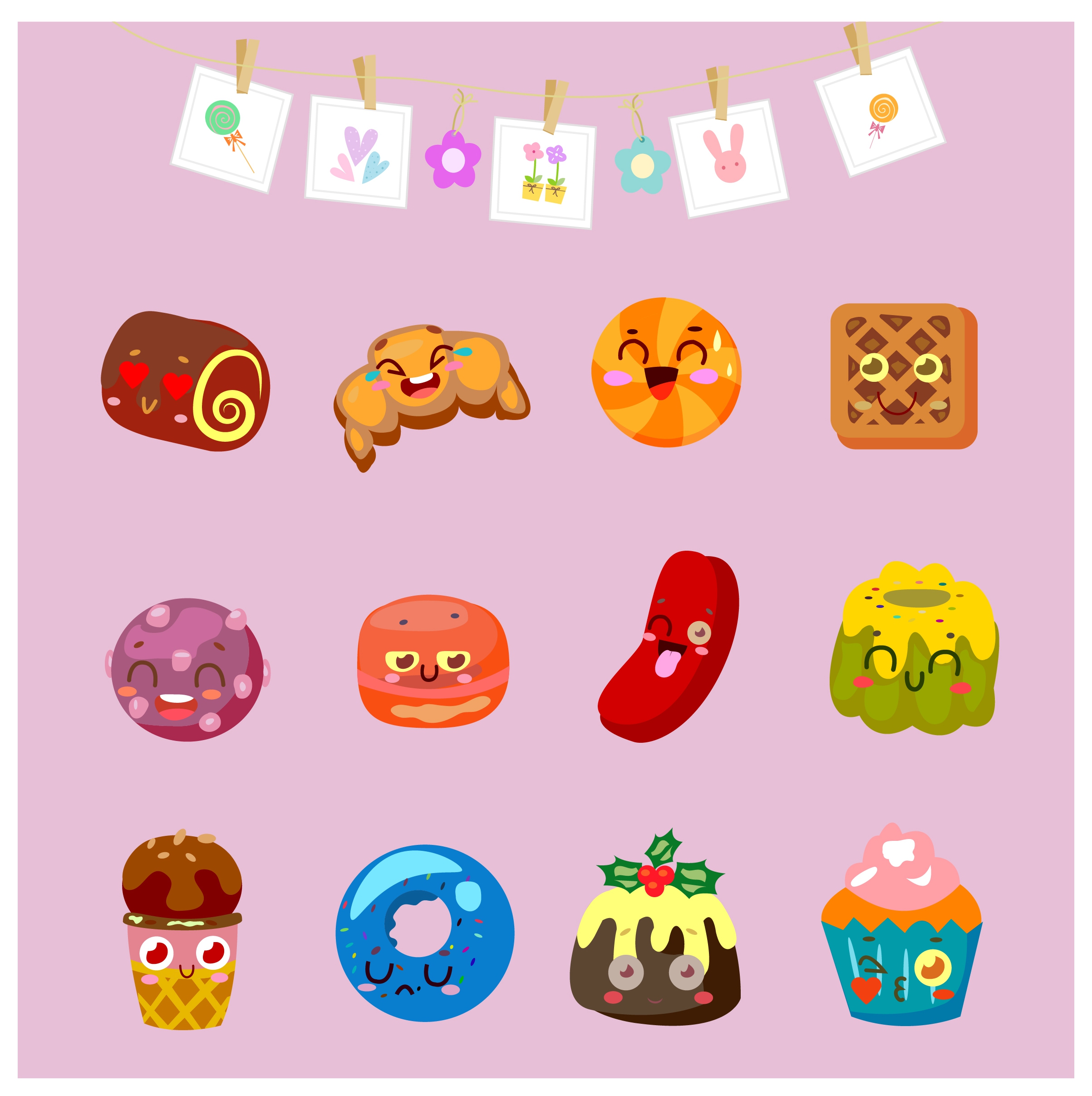 food icons collection with cute emotion illustration