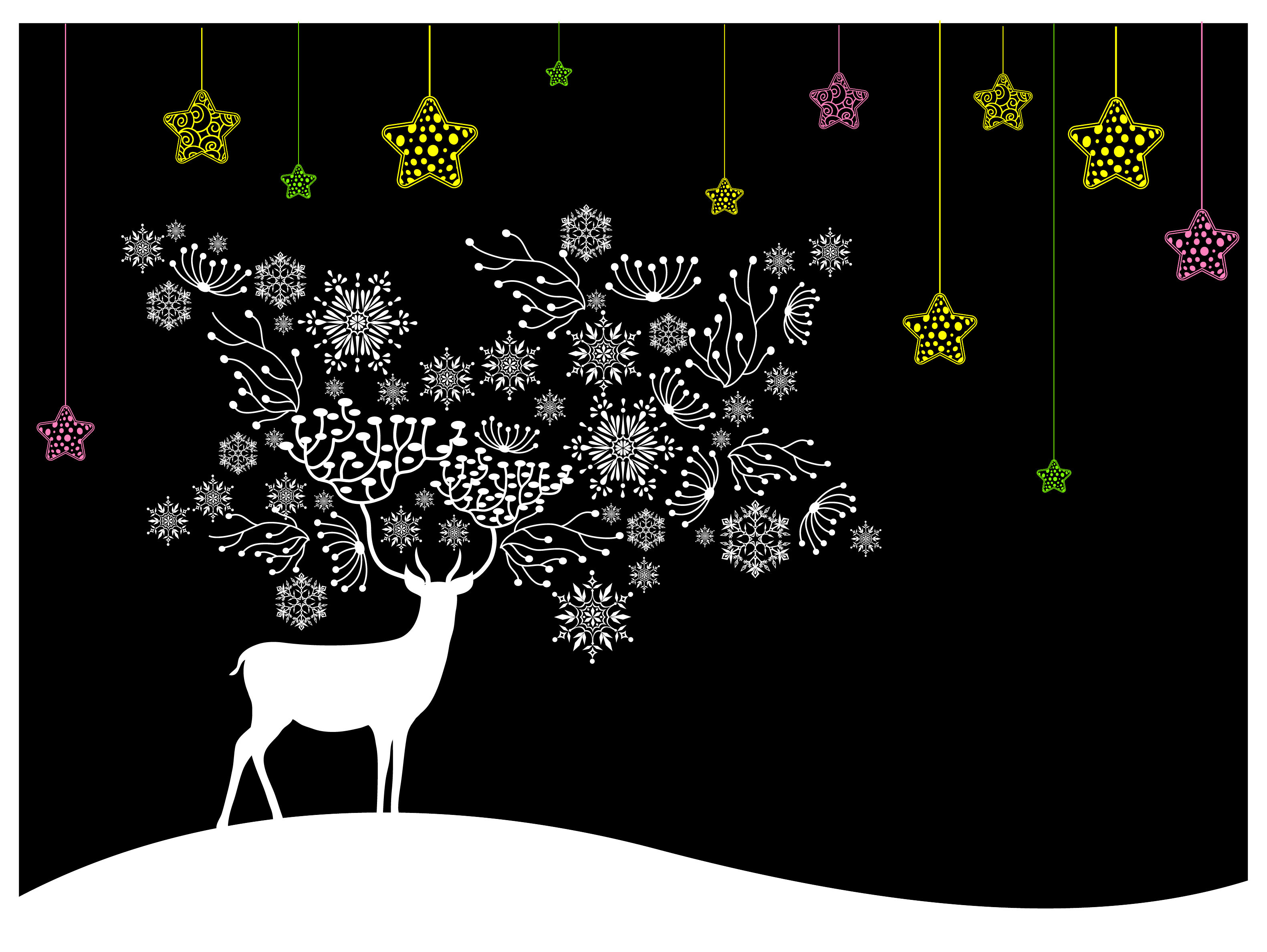 black white christmas background with deer and coloured stars