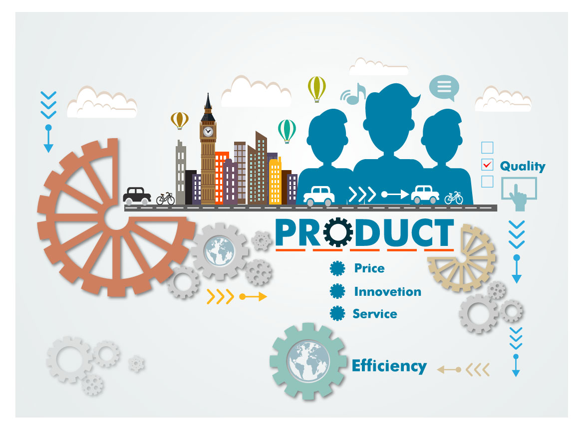 product promotion infographic with cogwheels and cityscape illustration