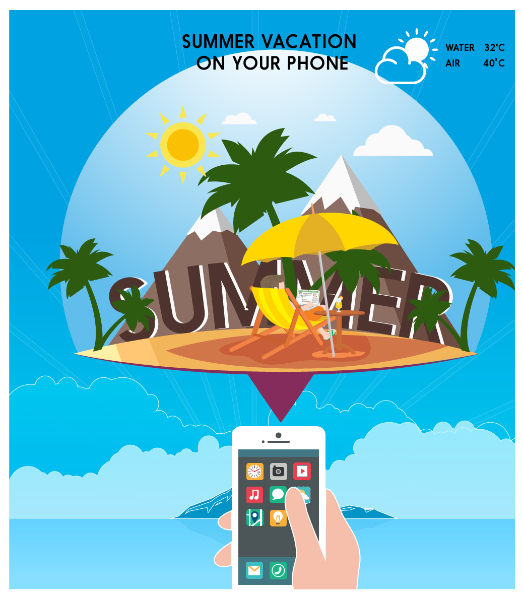 phone application promotion banner with beach vacation design