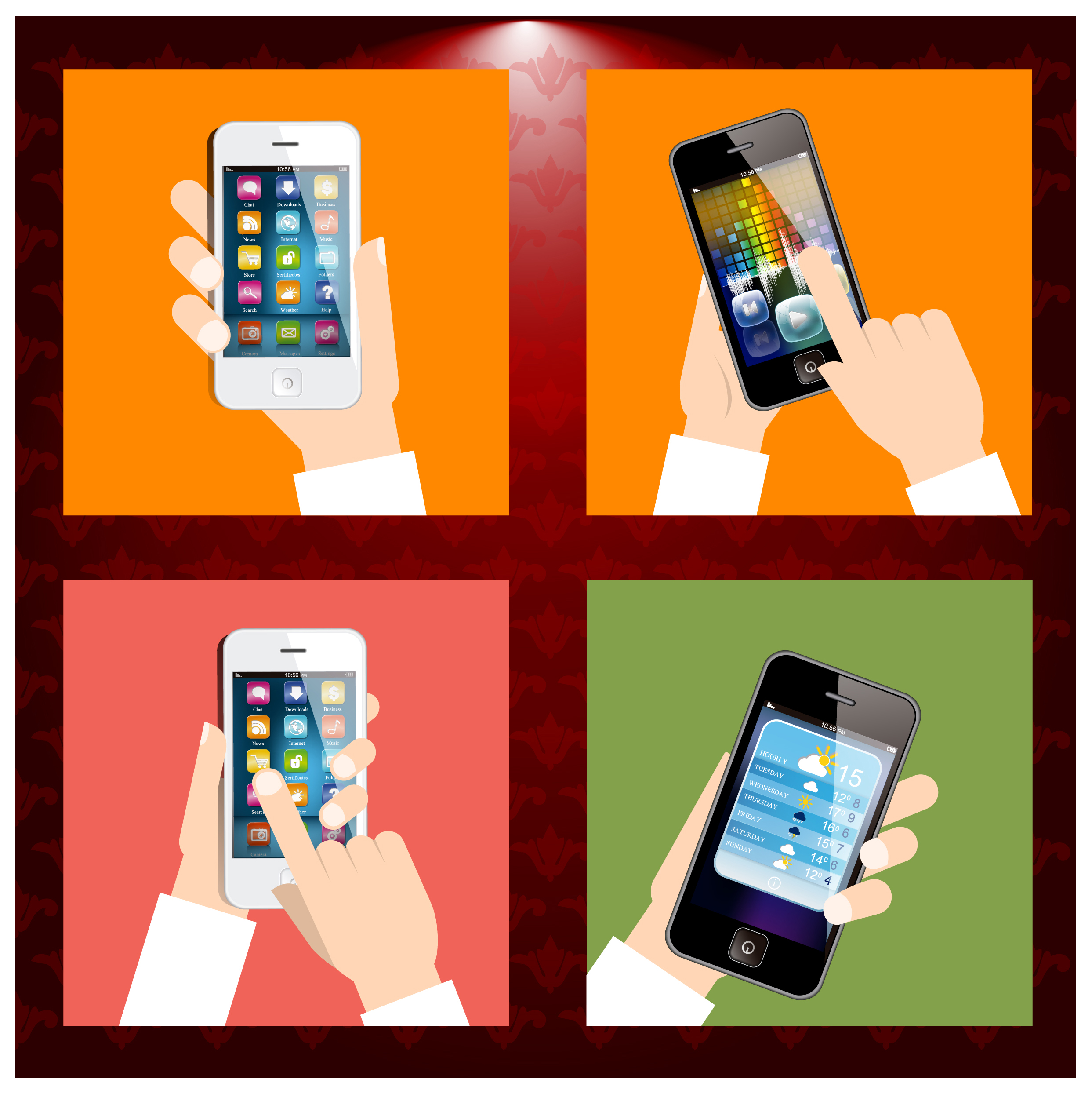 smartphones in hand vector illustrations with retro frame