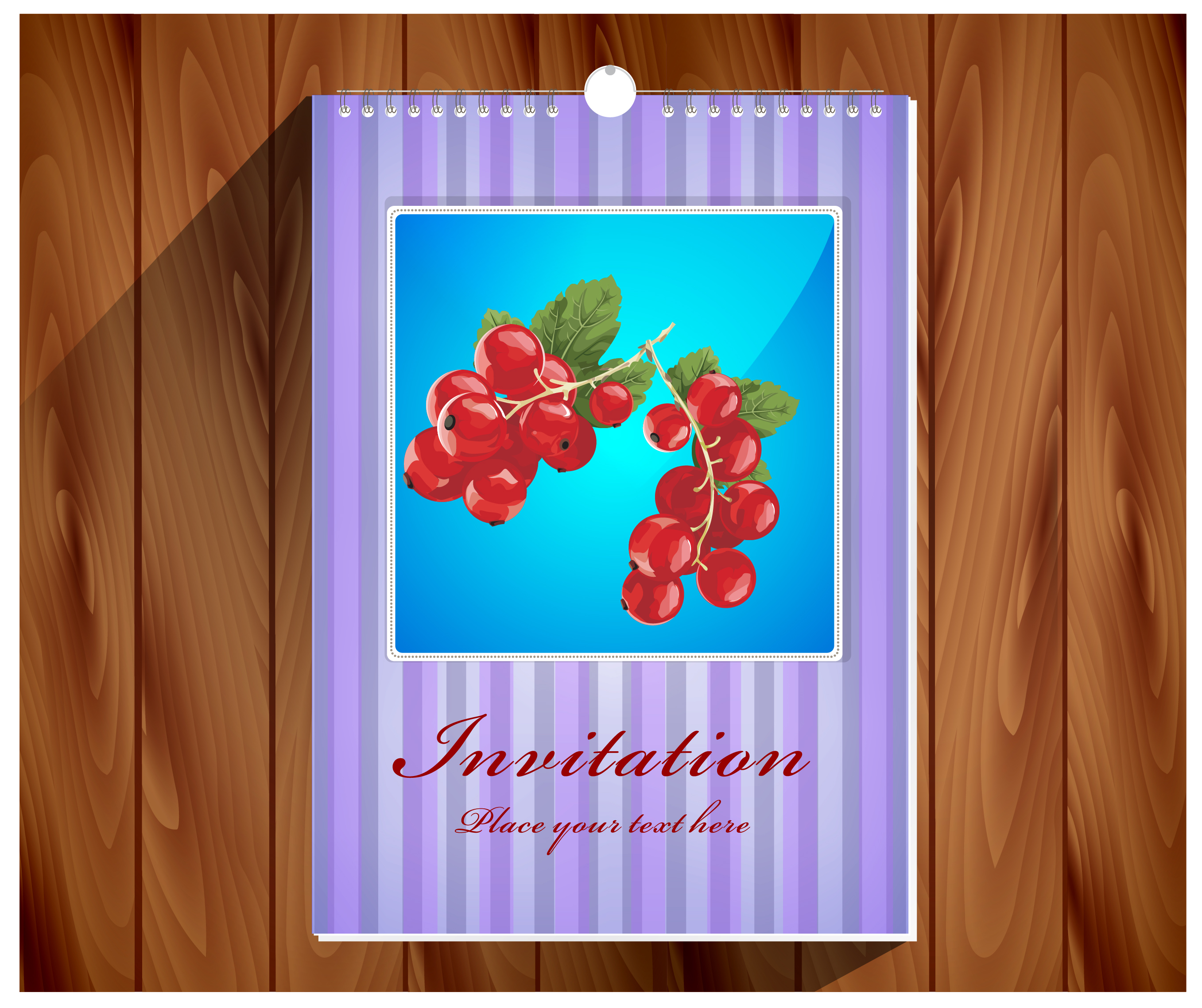 invitation card designed with notebook on wooden background