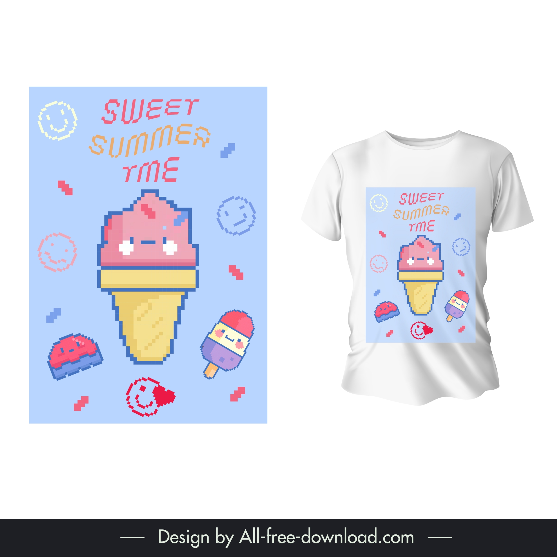 t shirt template cute stylized ice cream pixel art 