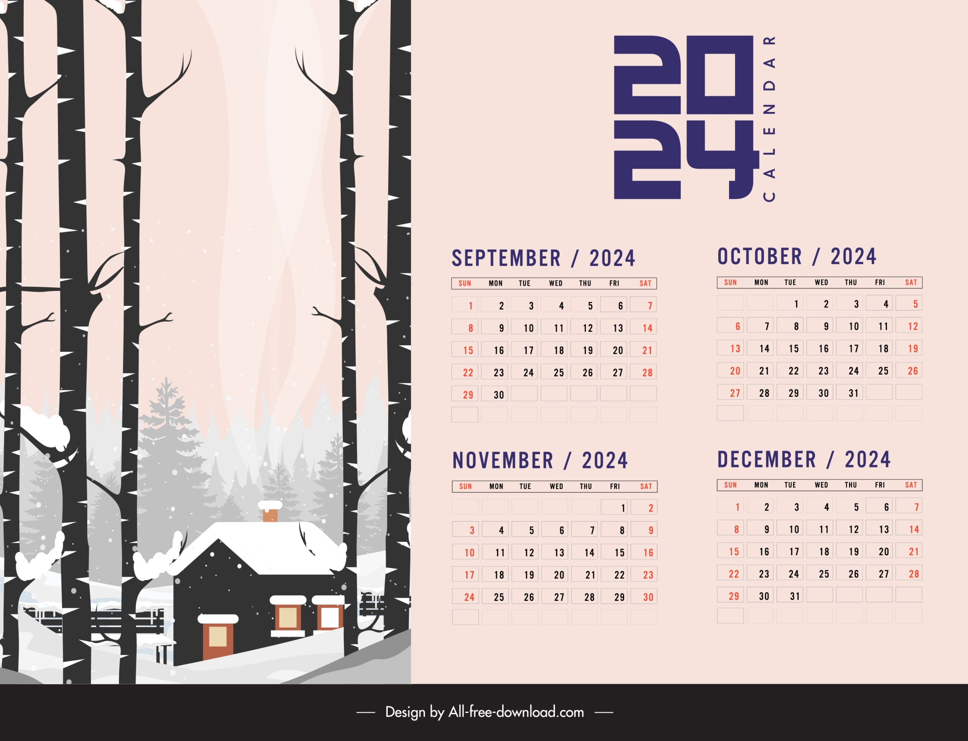 3 fold tent calendar 2024 template winter scene 