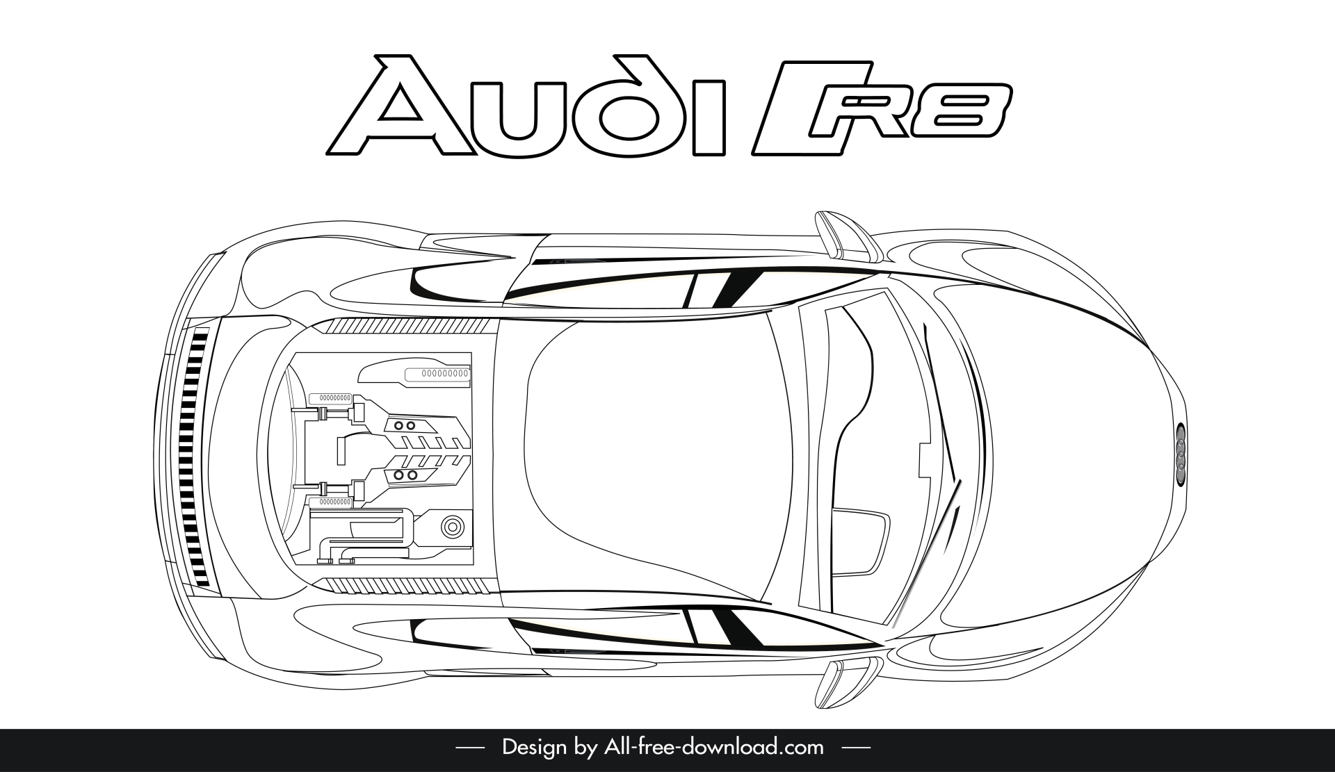 audi r8 2021 car model icon flat black white handdrawn top view outline 