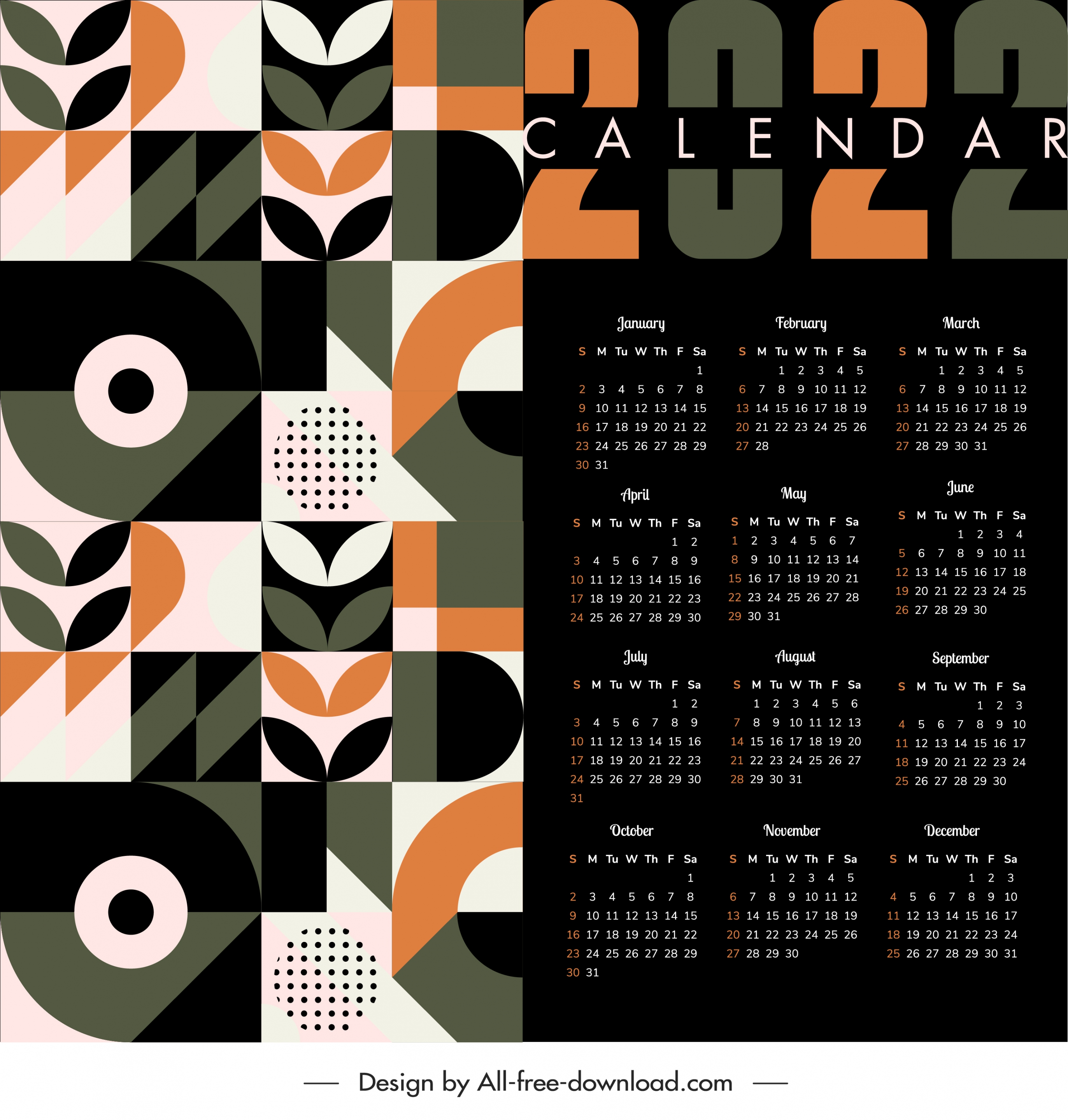 2022 calendar template dark flat abstract decor