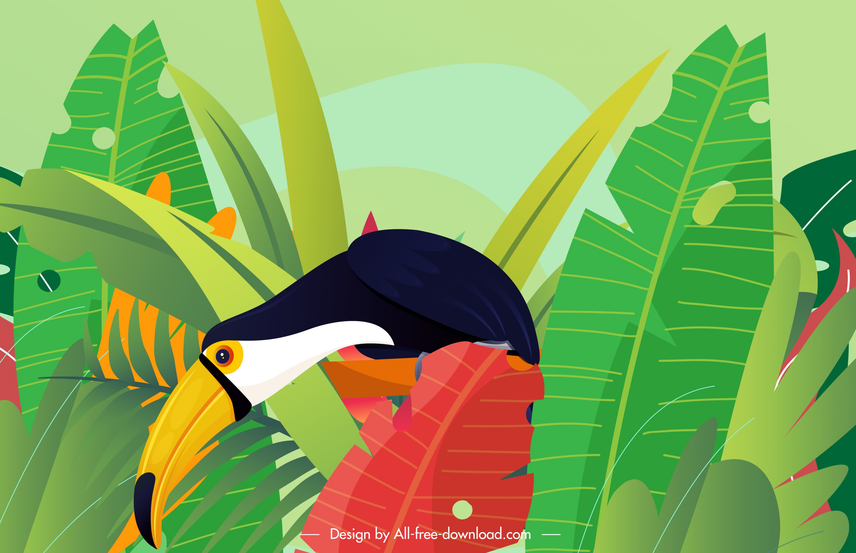 tropical nature painting colorful leaves toucan bird sketch