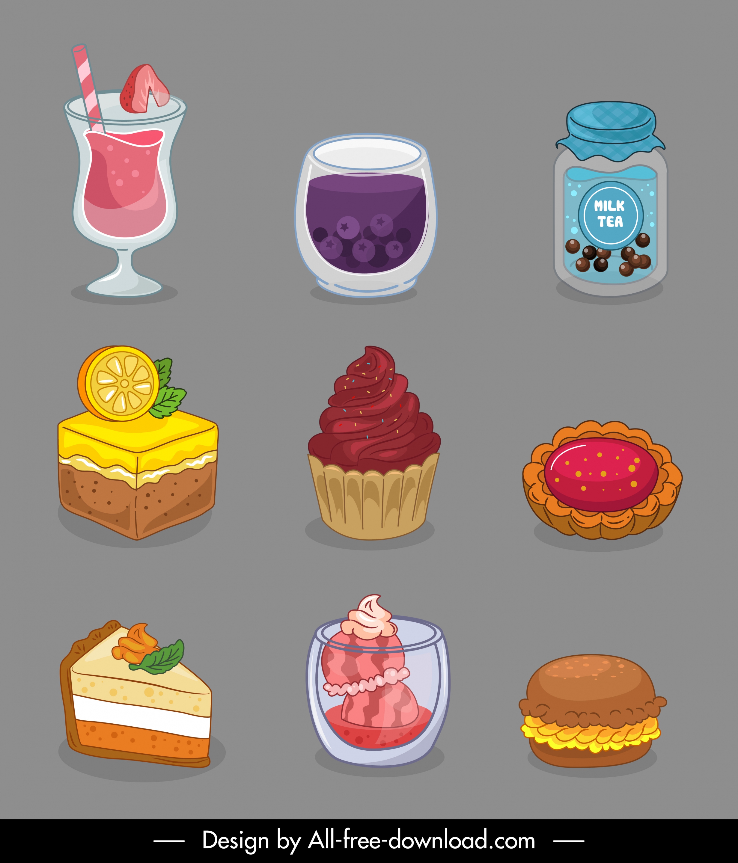 dessert icons colored retro handdrawn drink cake sketch