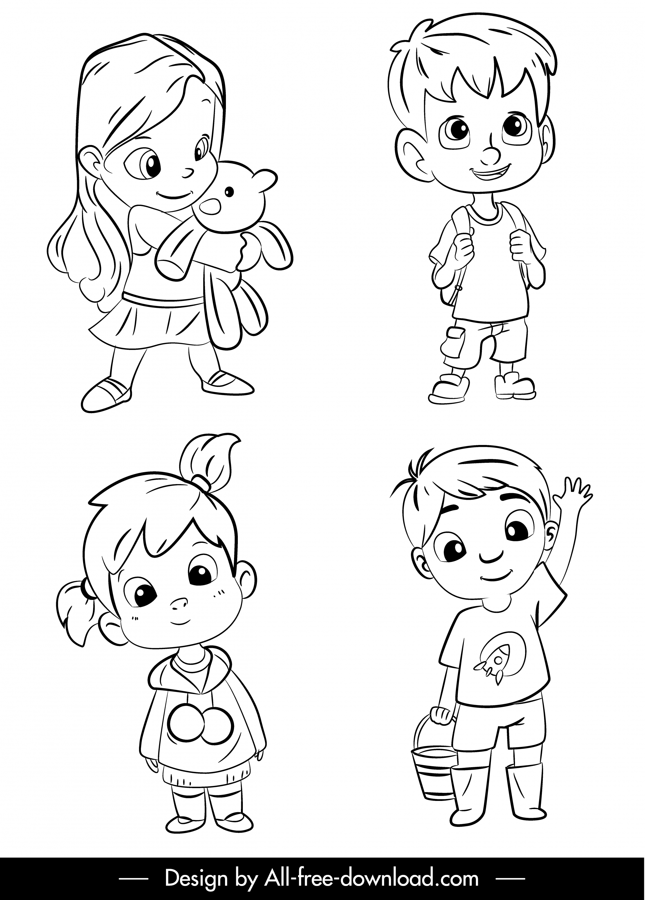 kids icons cute cartoon sketch black white handdrawn