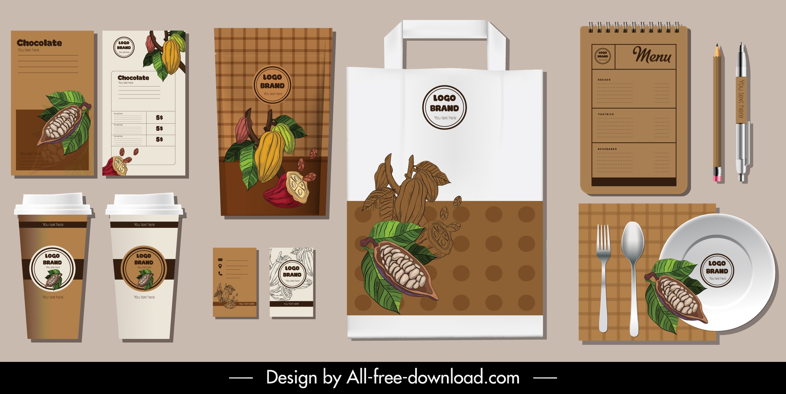 branding identity sets cacao icon colored handdrawn decor