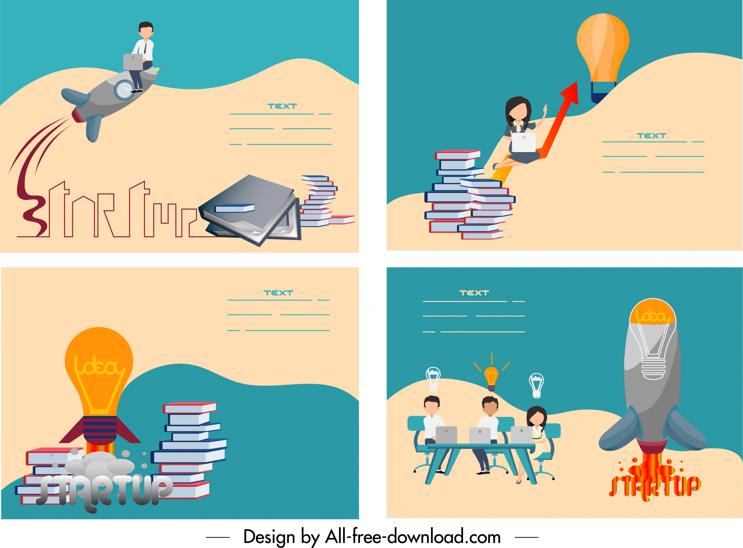 startup banners lightbulb spaceship book stacks staffs sketch