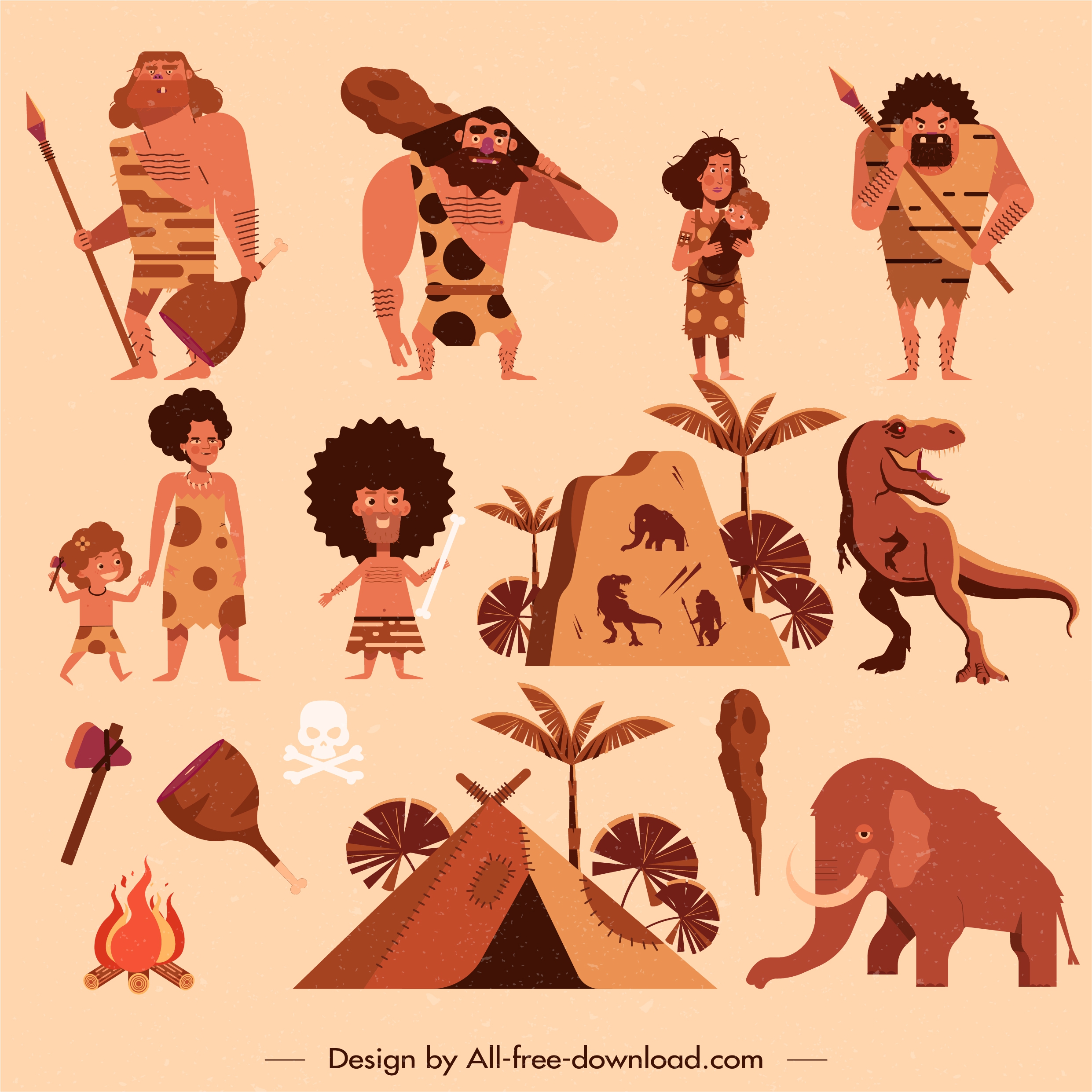 ancient stone age design elements caveman dinosaur sketch