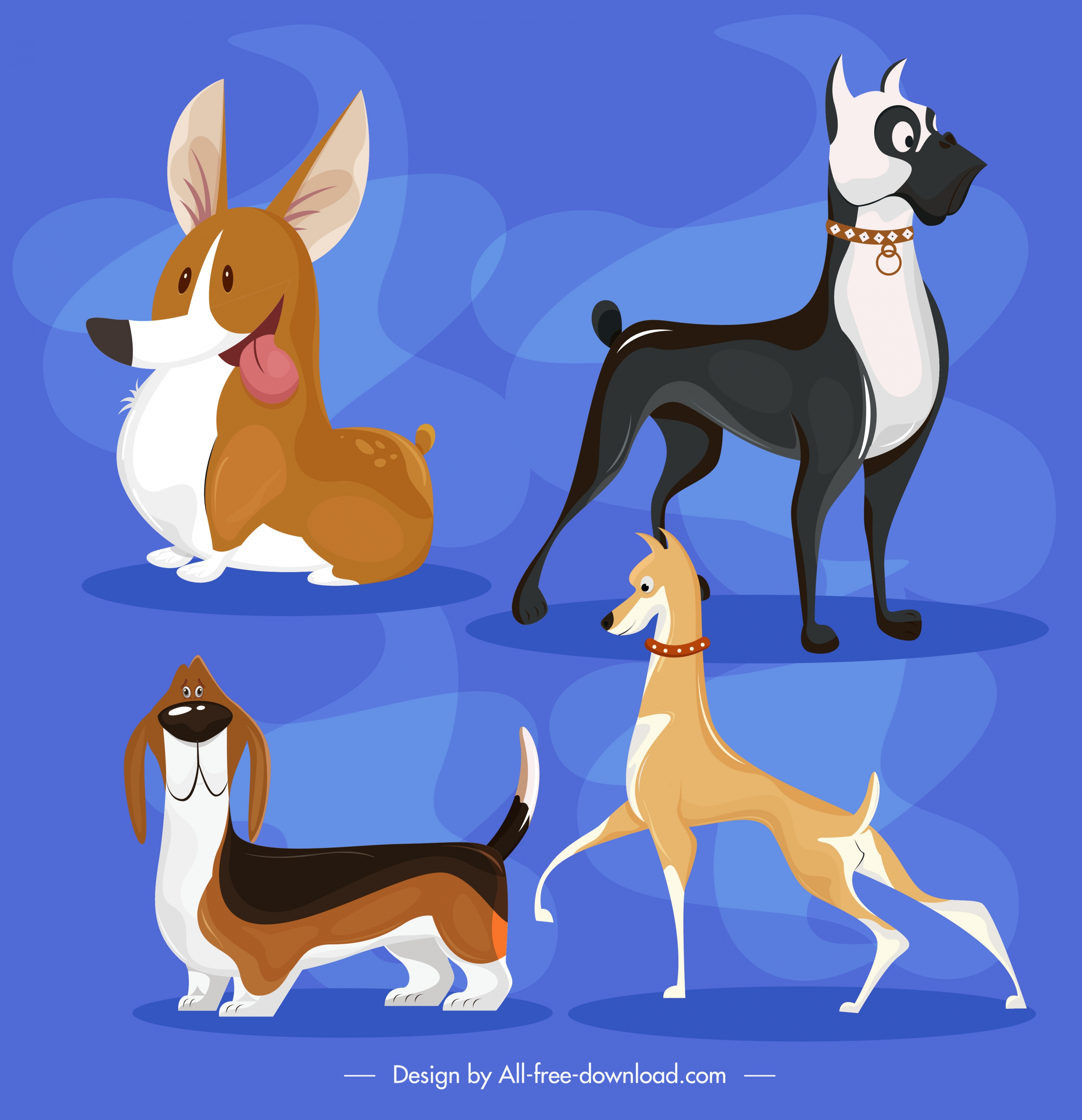 dog species icons cute cartoon sketch