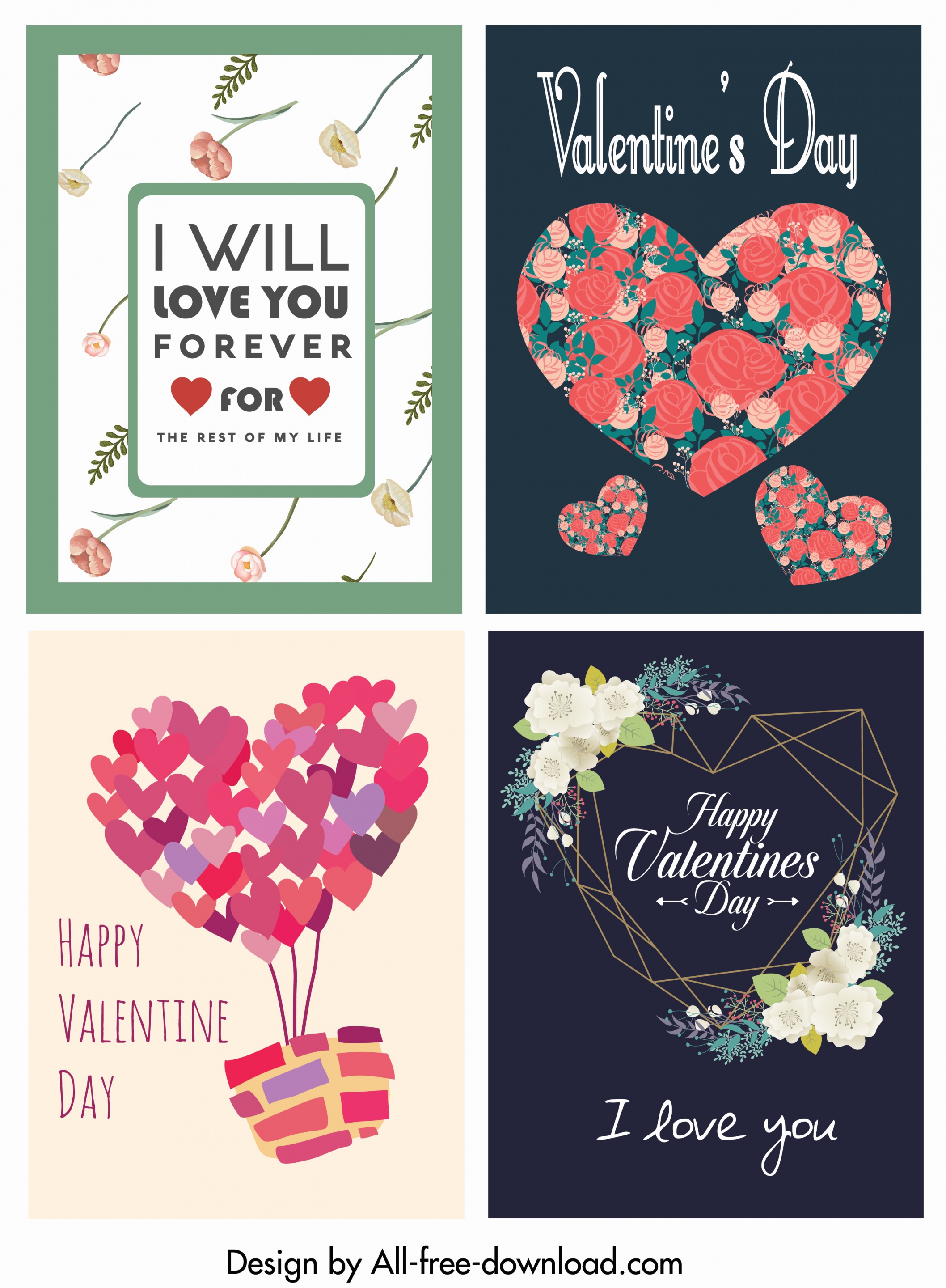 valentine card templates classical colorful hearts floral decor