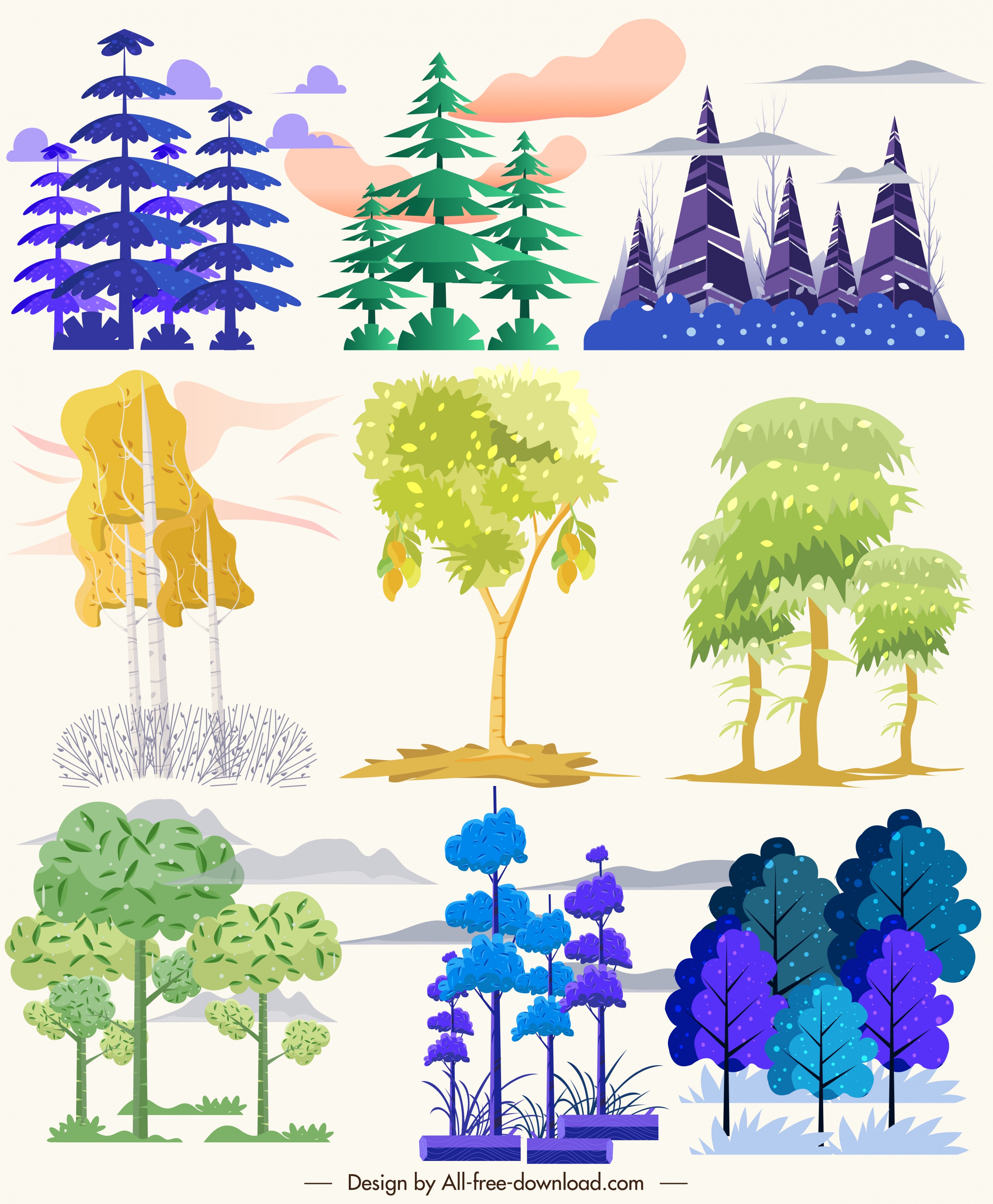 natural trees icons collection colorful sketch