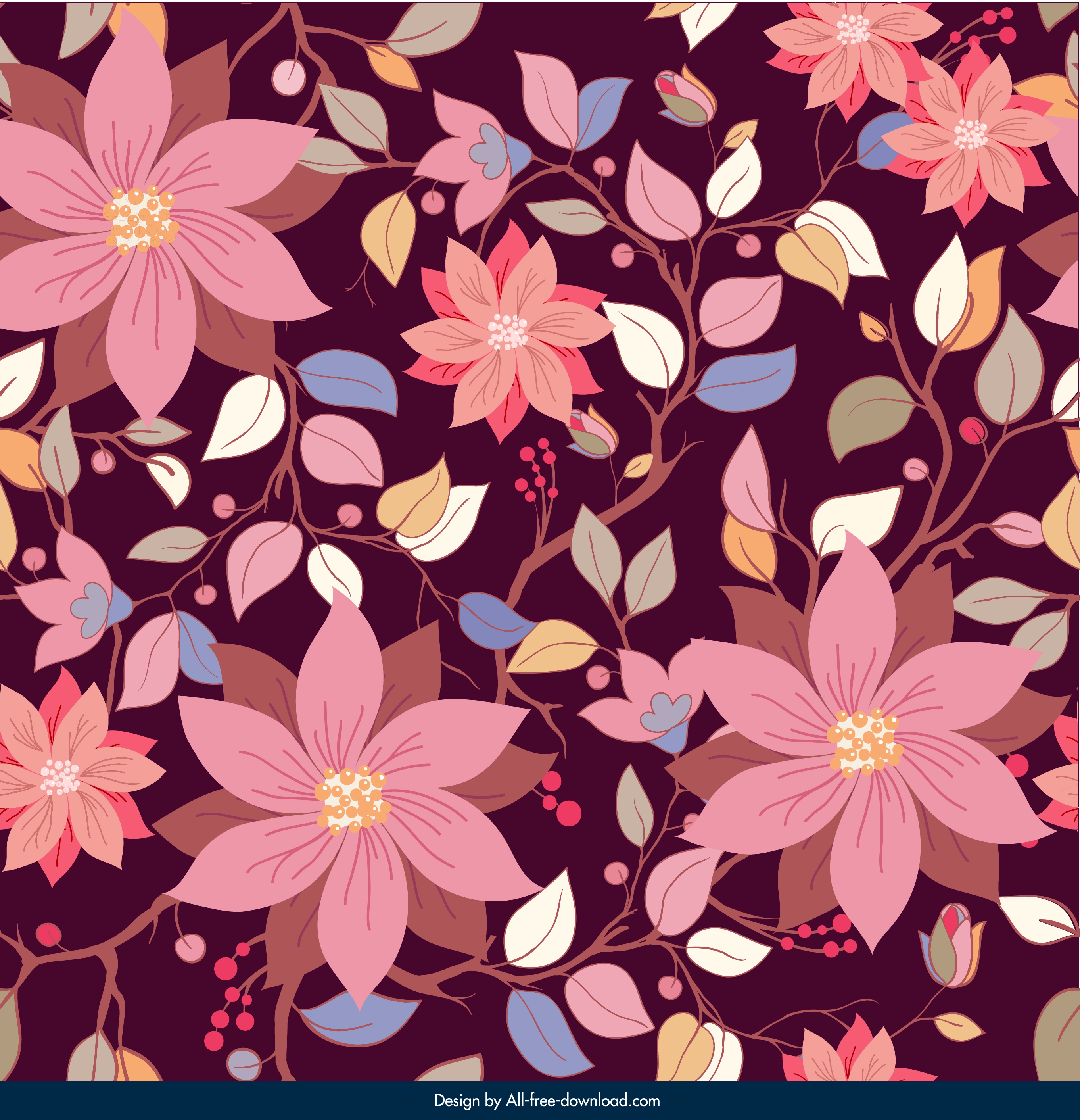 botanical pattern template colorful dark classical blossom decor