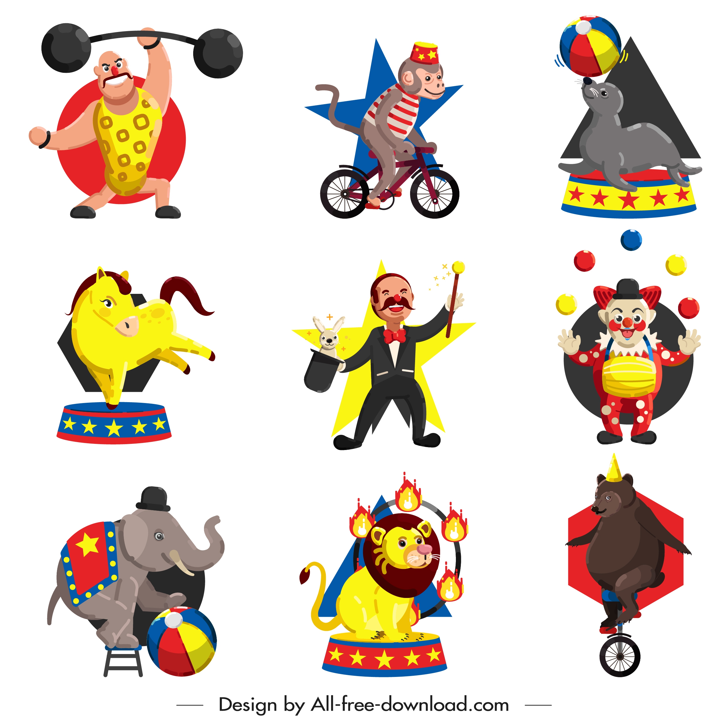 circus icons collection colored cartoon characters design