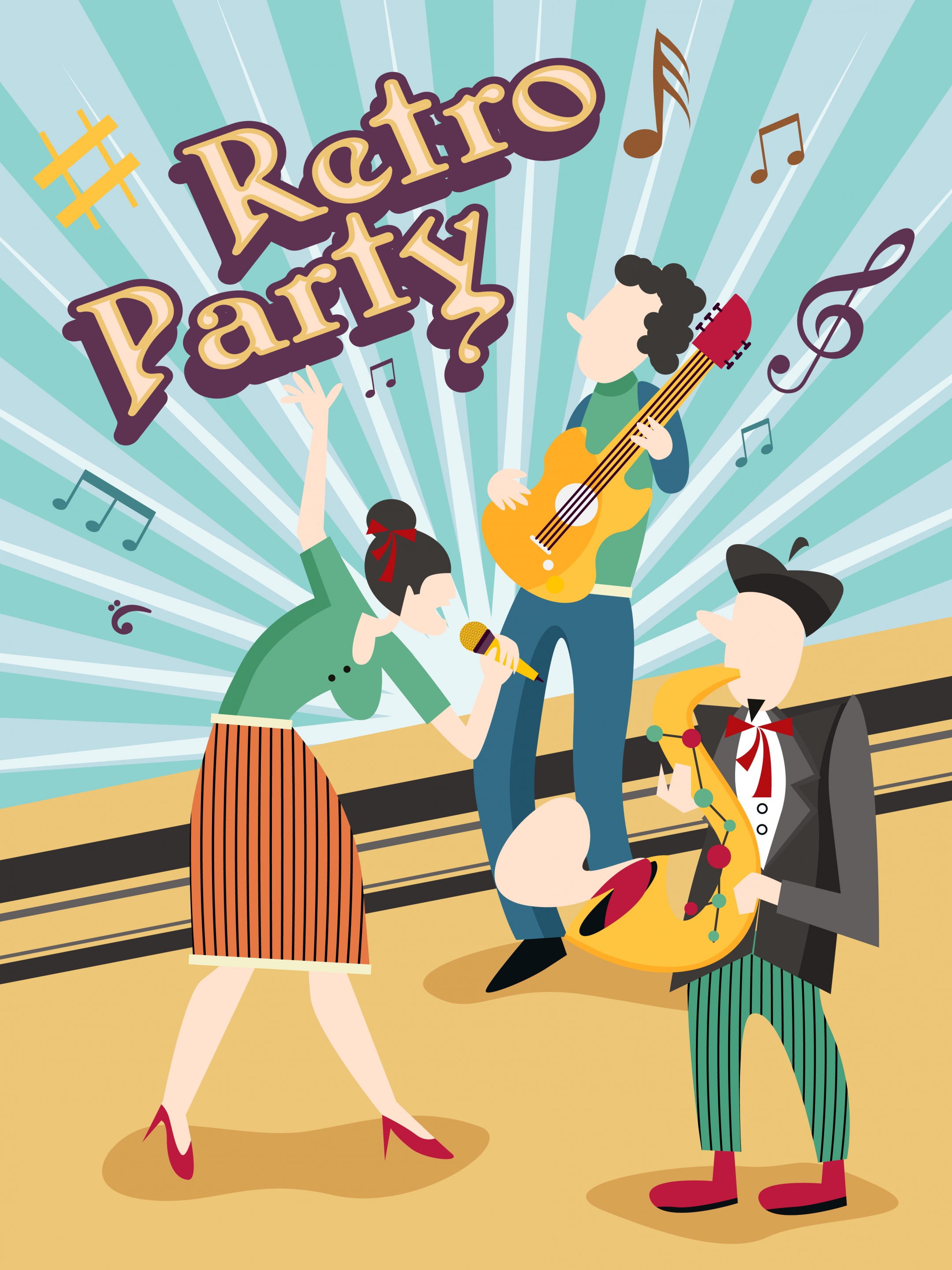 music party background performers icons retro design