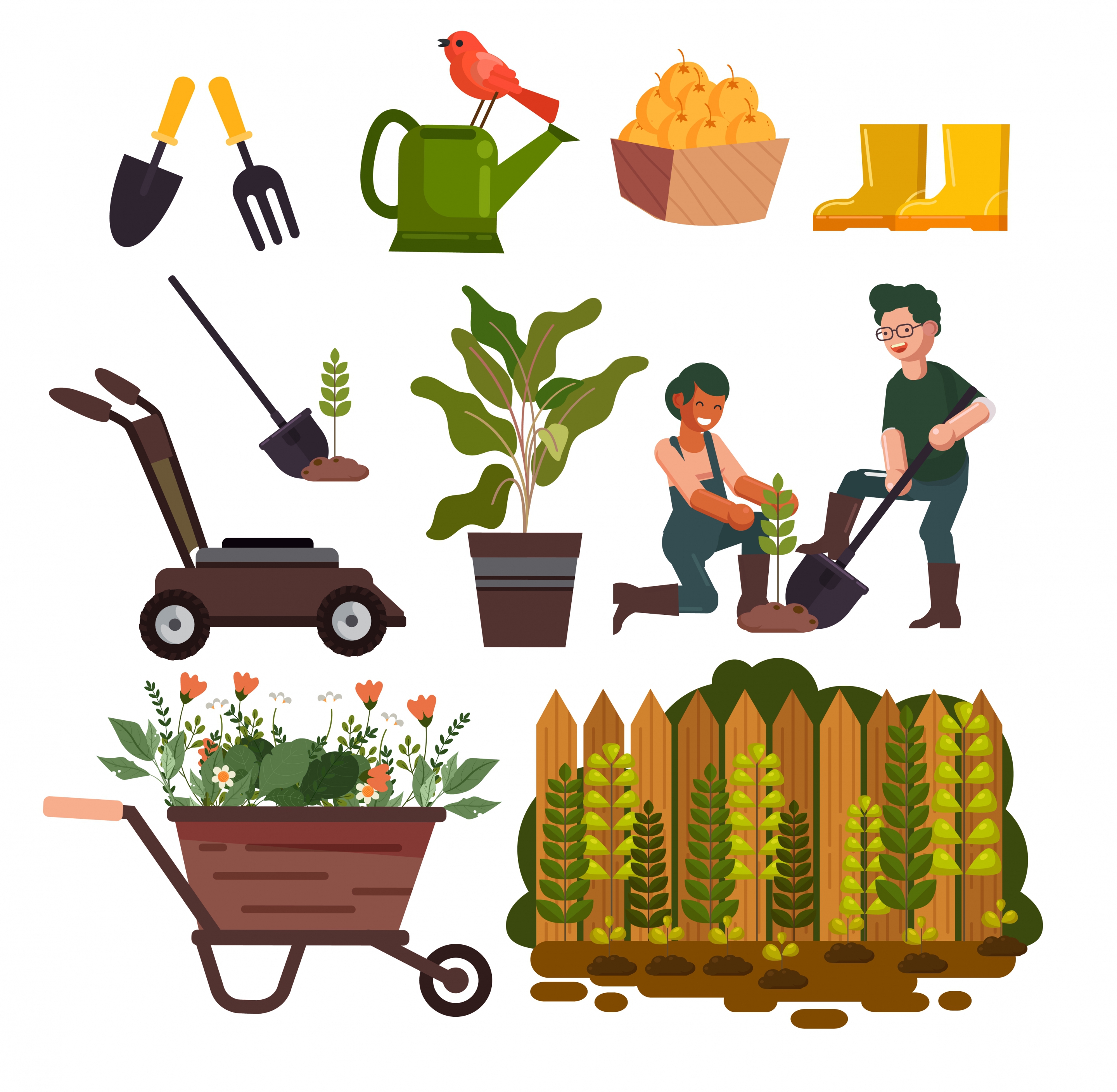 garden work design elements tools plants gardener icons