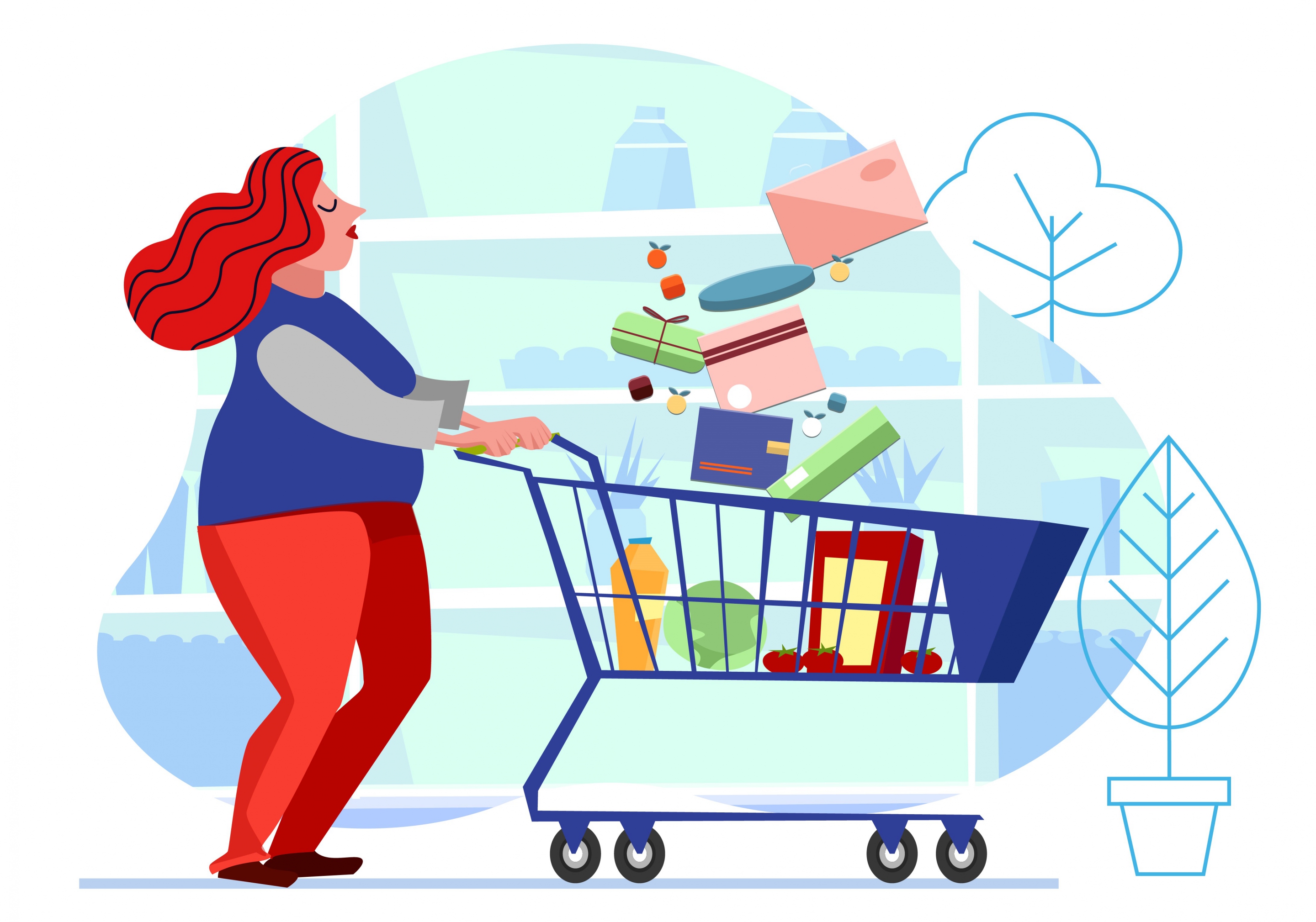 shopping background woman trolley goods icons cartoon sketch