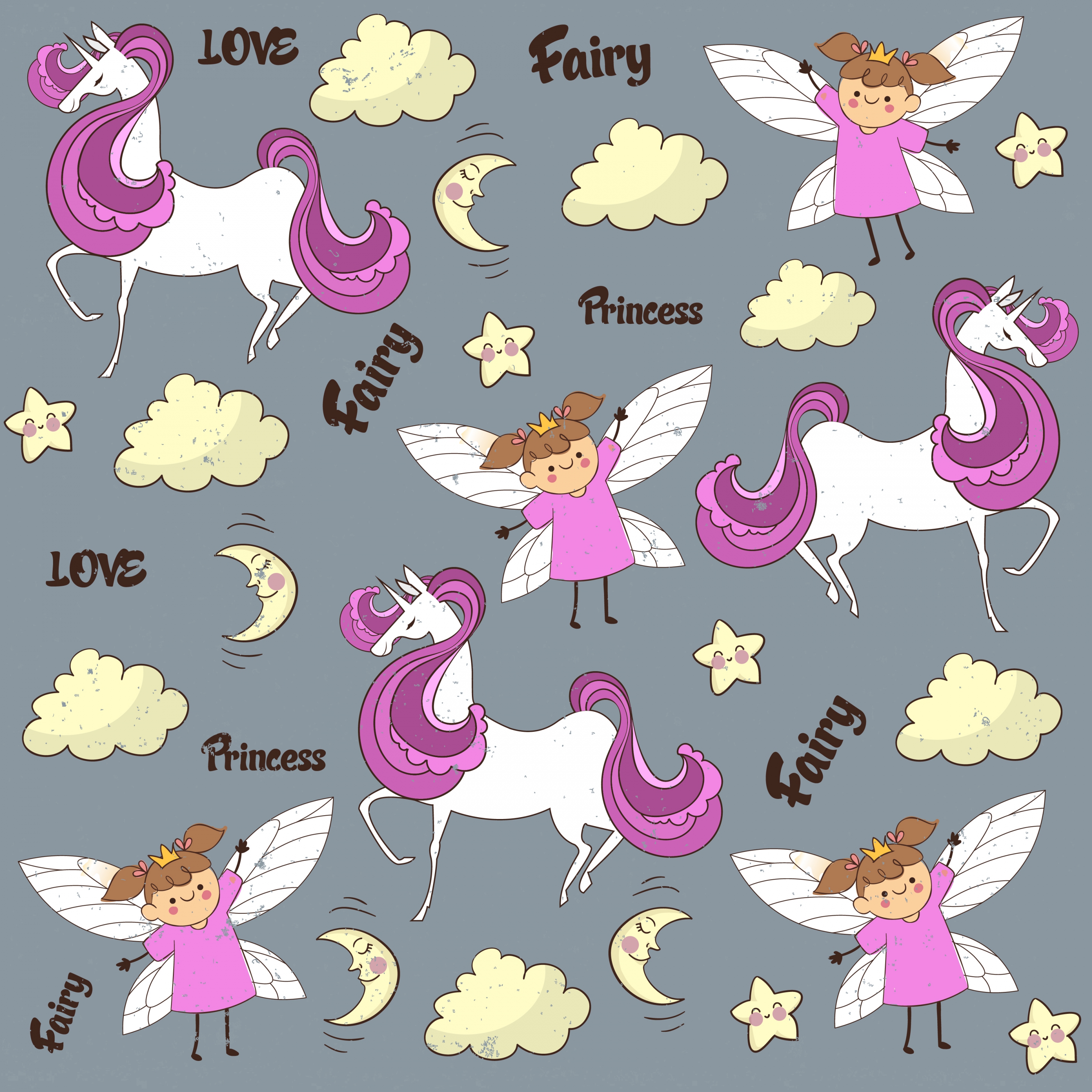 fairy background cute girl horse icons repeating design