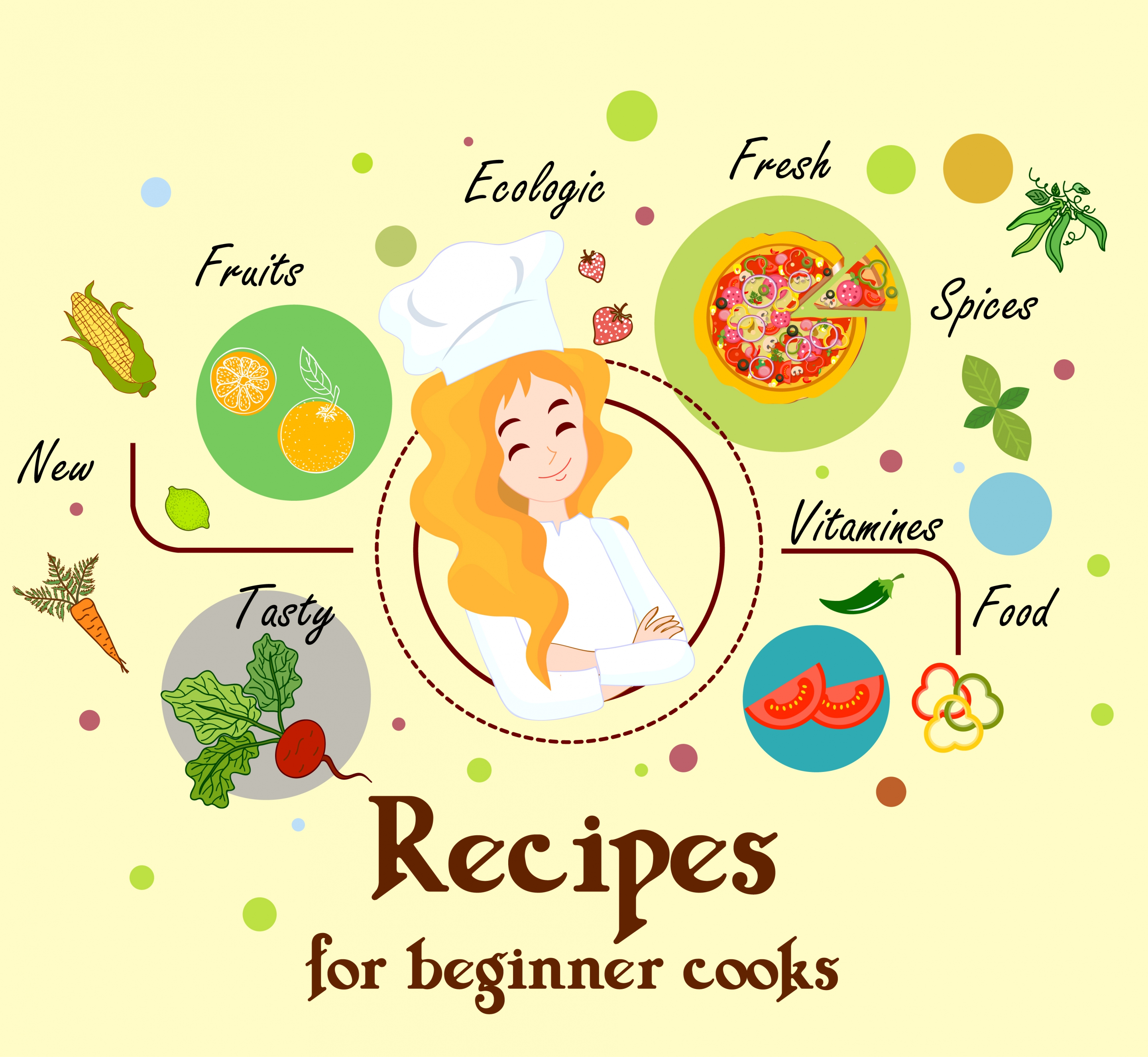 cooking recipes banner female cook food icons decor