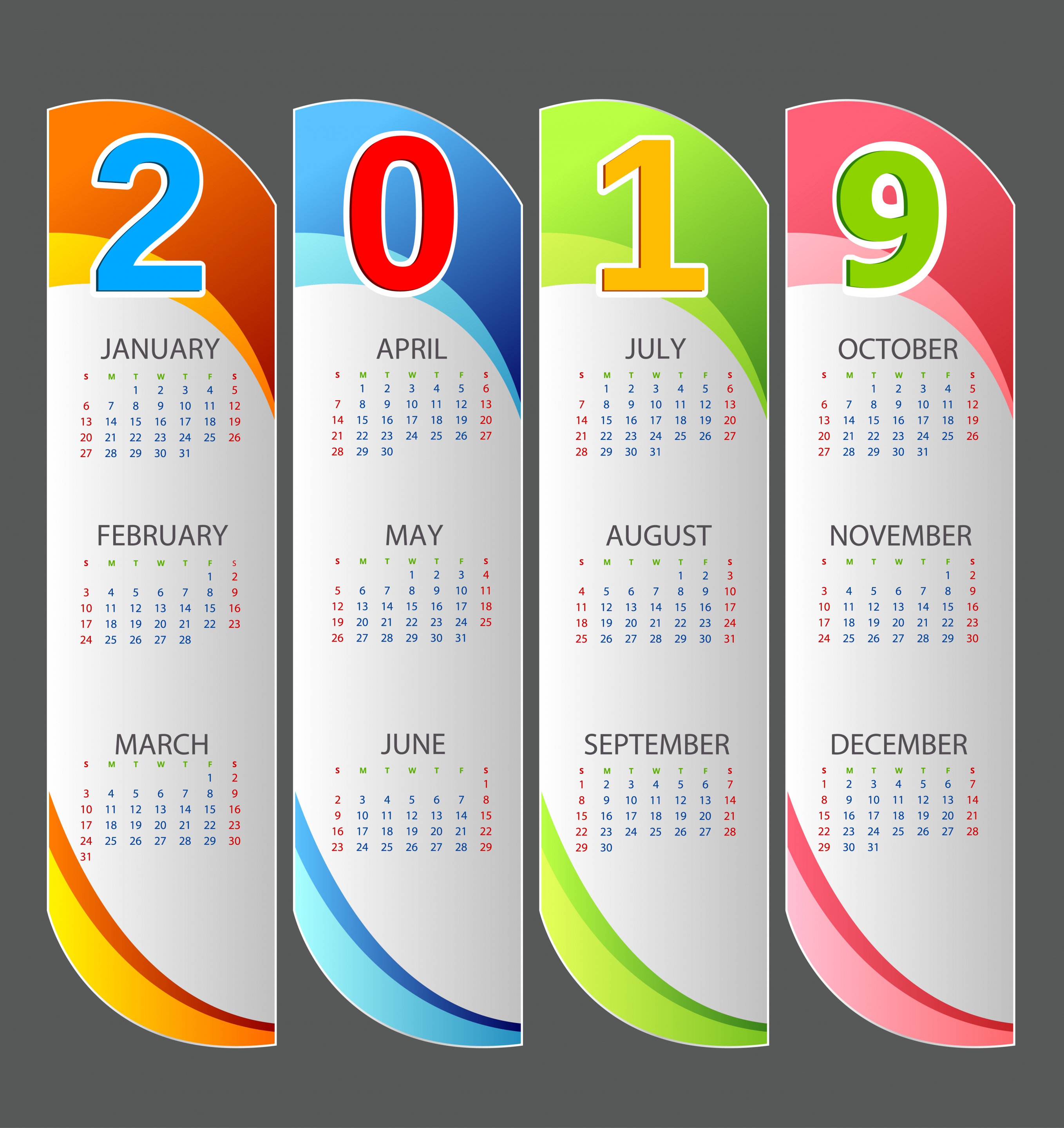 2019 calendar template multicolored modern vertical bars