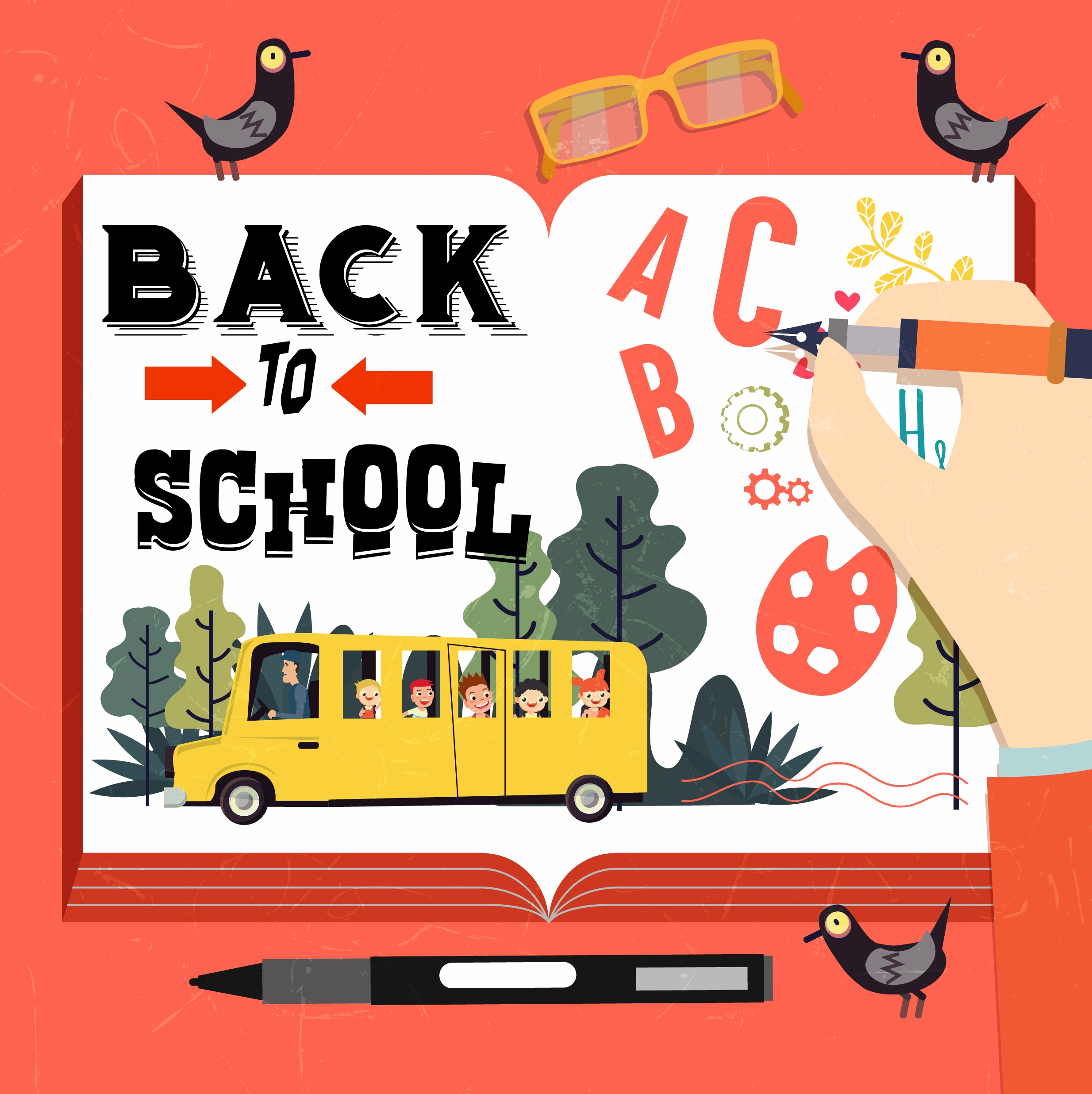 back to school banner book decoration pen icon