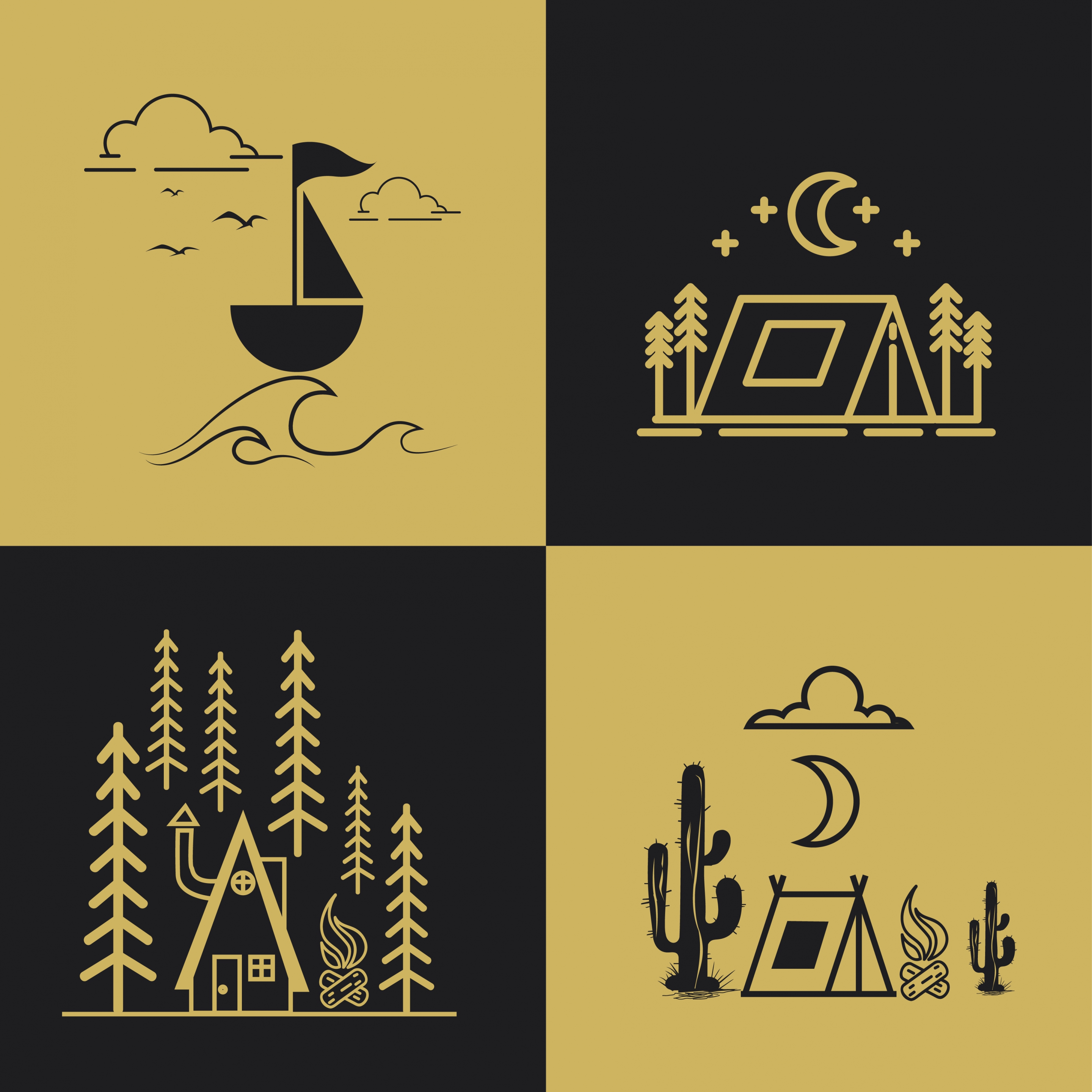 travel design elements boat tent icons geometric decor