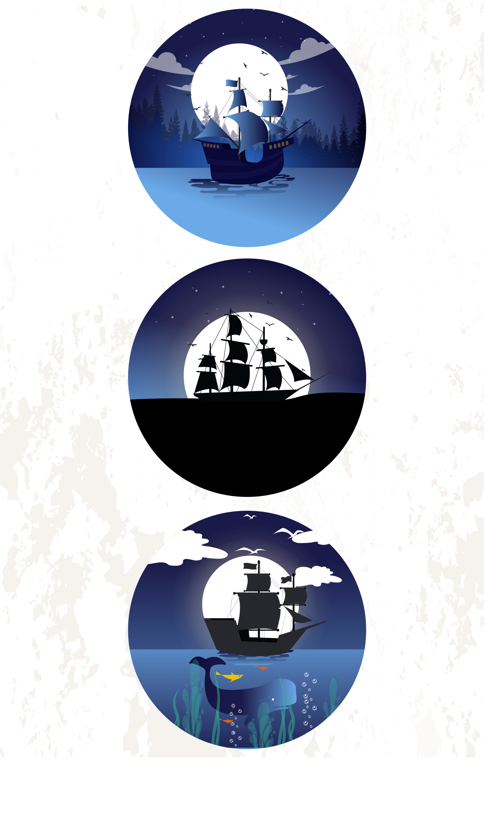 ship icons collection moonlight sea circle isolation