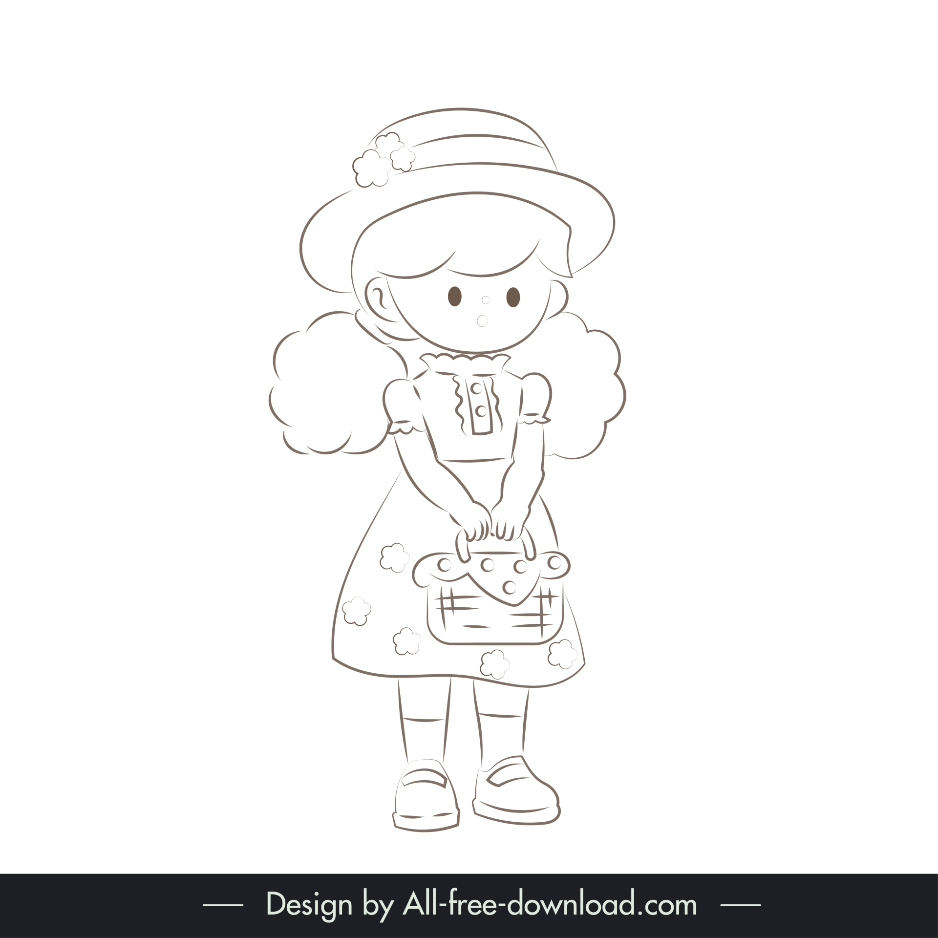 cute girl design elements black white handdrawn outline  