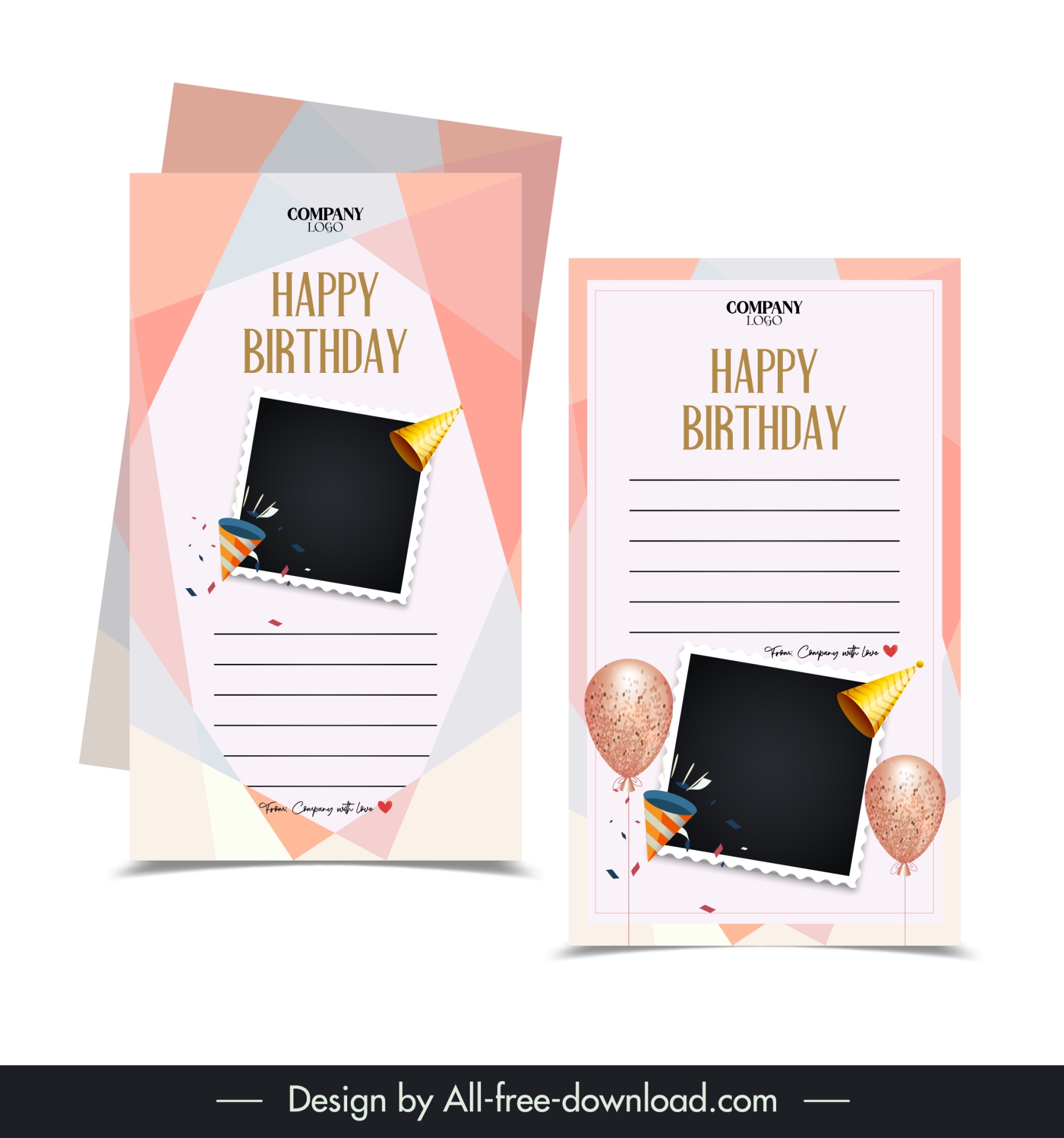 postcard birthday template flat elegant dynamic confetti hat balloon