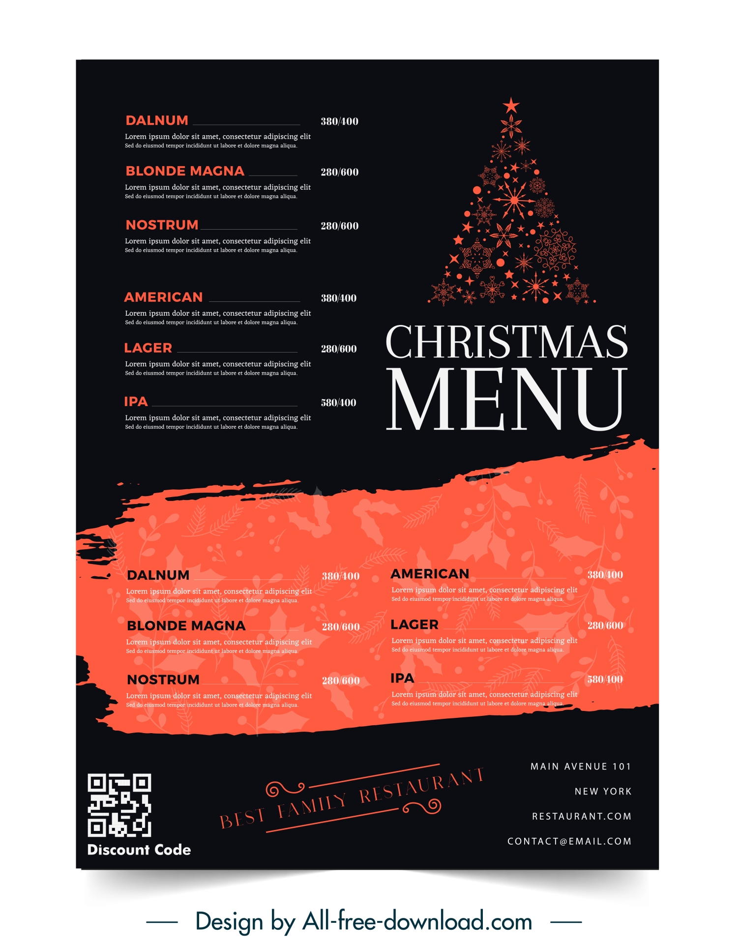 christmas menu  template flat dark xmas tree flowers