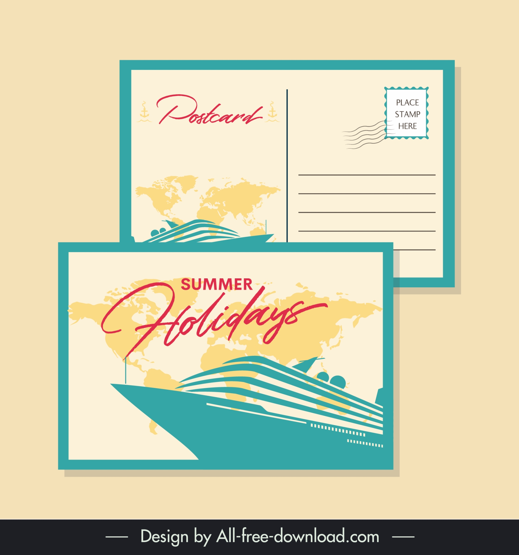 summer postcard templates silhouette cruise ship world map 