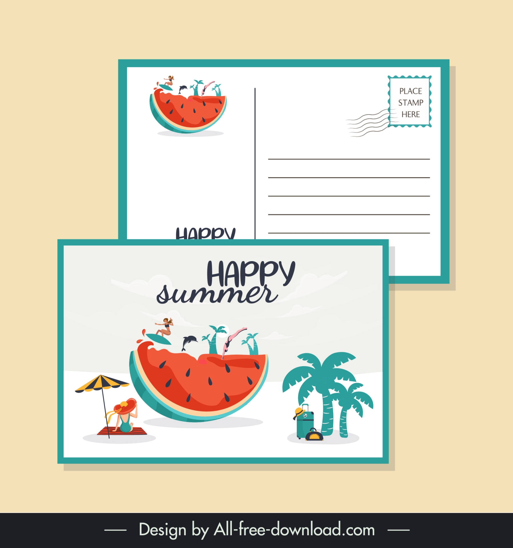 summer postcard templates watermelon dynamic sea activities 