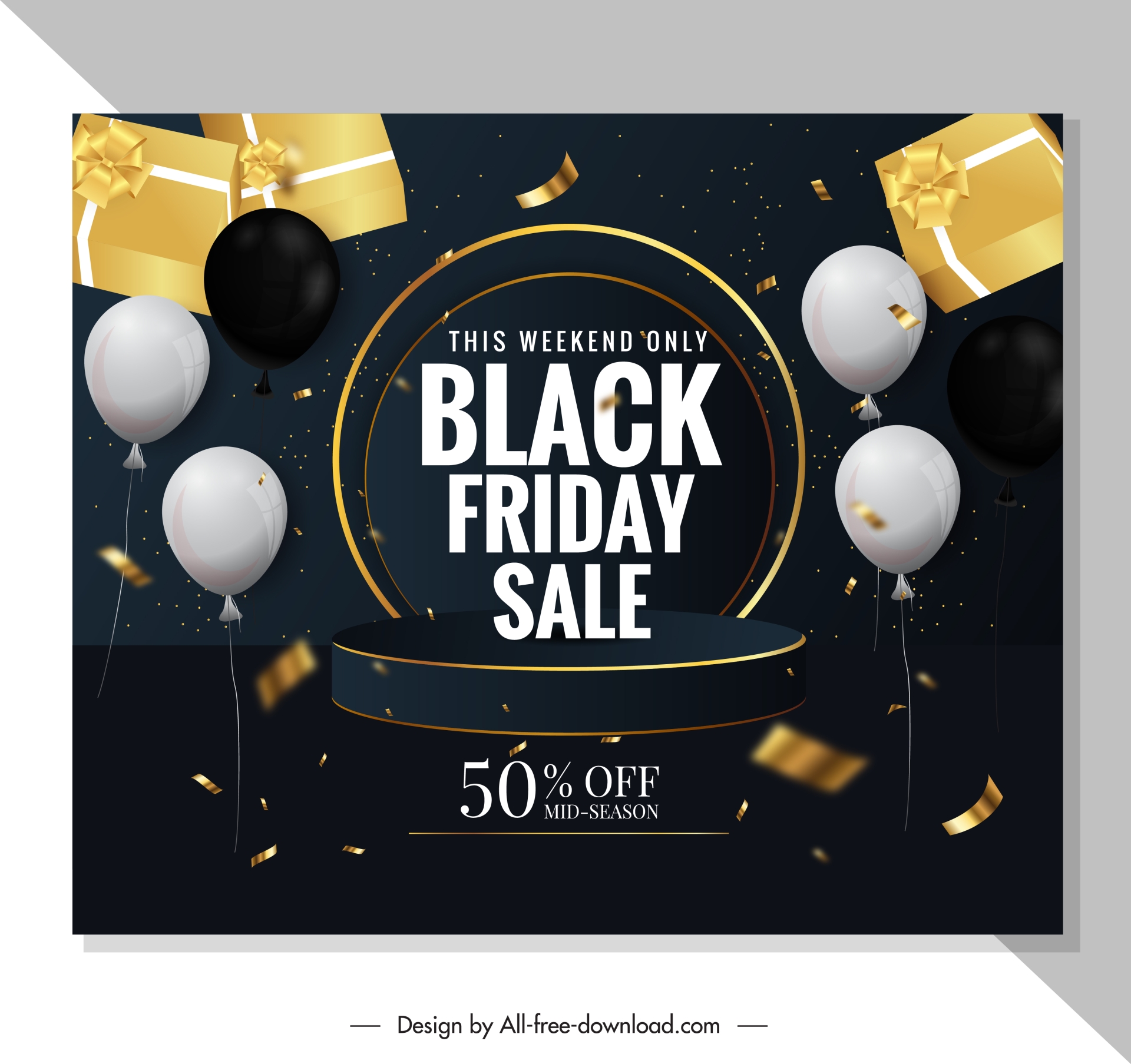 black friday discount poster template modern dynamic balloons confetti gifts 