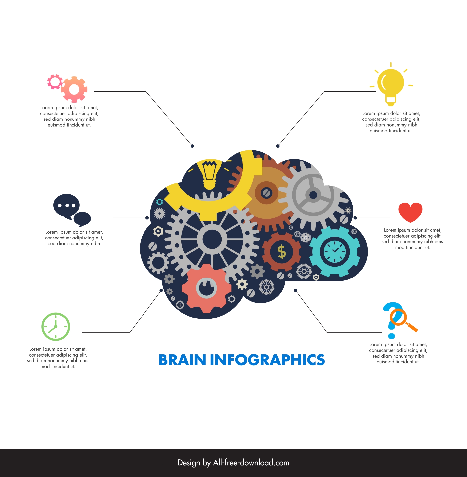 brain infographic template gears clock currency symbol layout